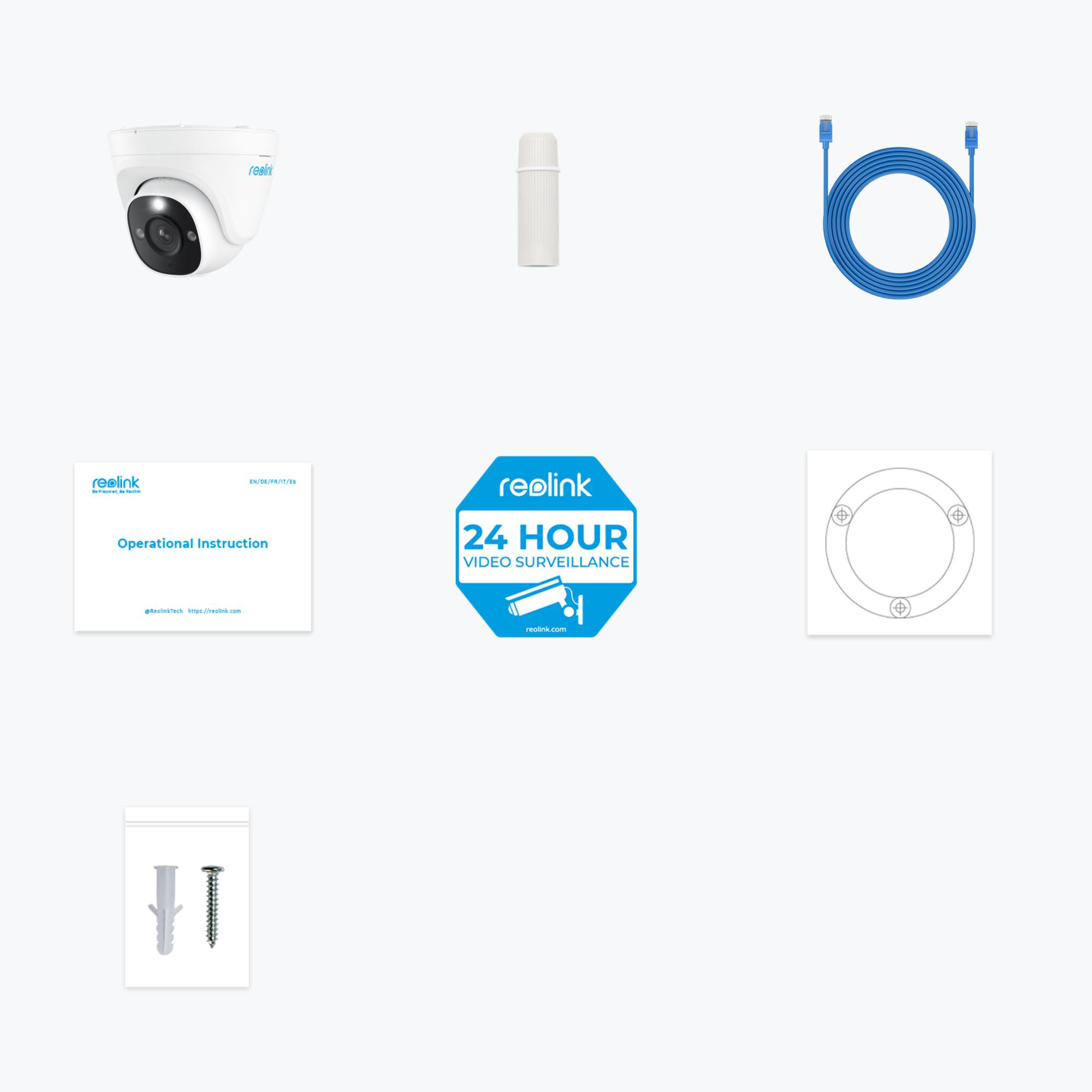 Weiße Überwachungskamera und Zubehör. Blaues Kabel, Anleitungsblatt und Logo.