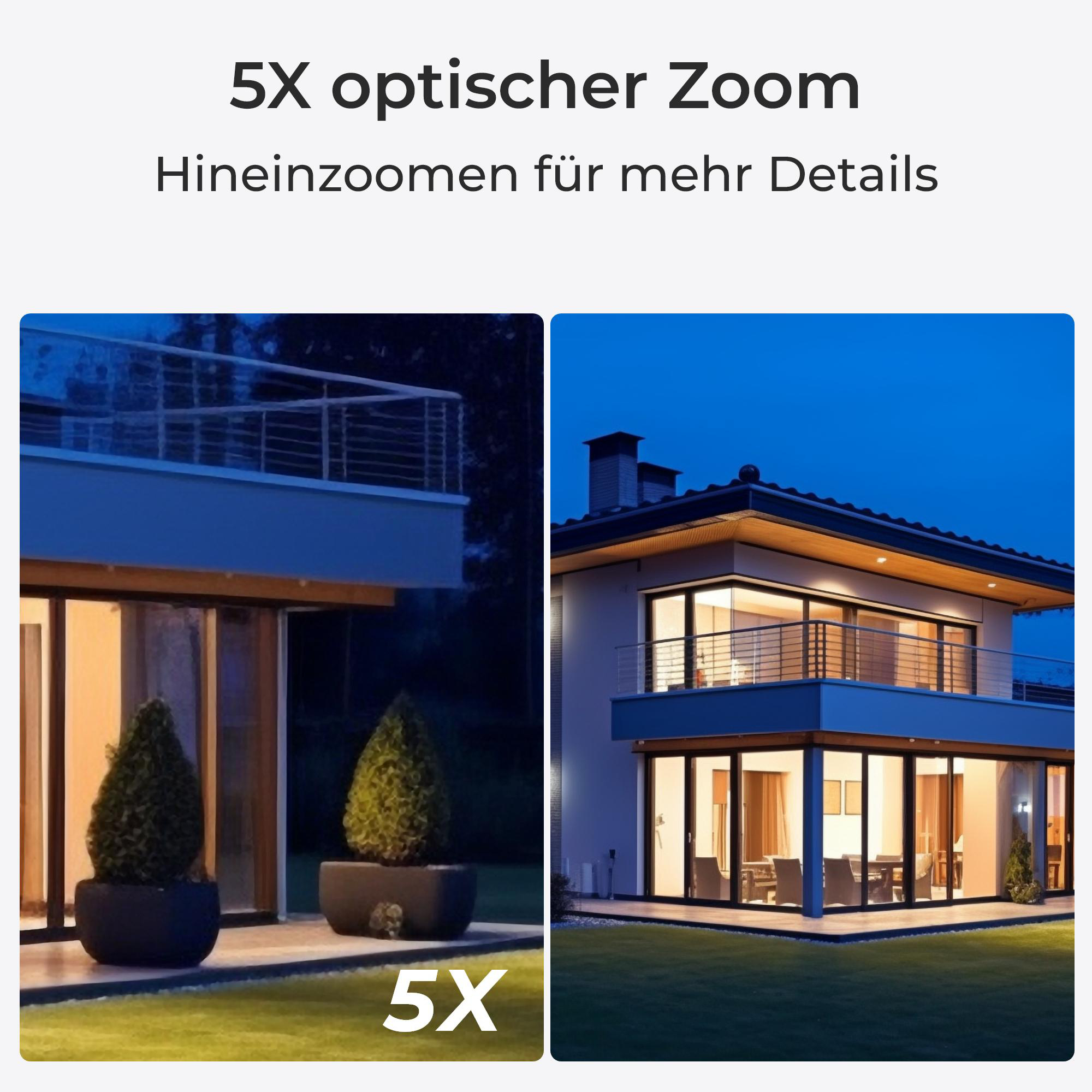 Zwei nebeneinanderliegende Bilder, vergrößert, von einem Haus bei Nacht.