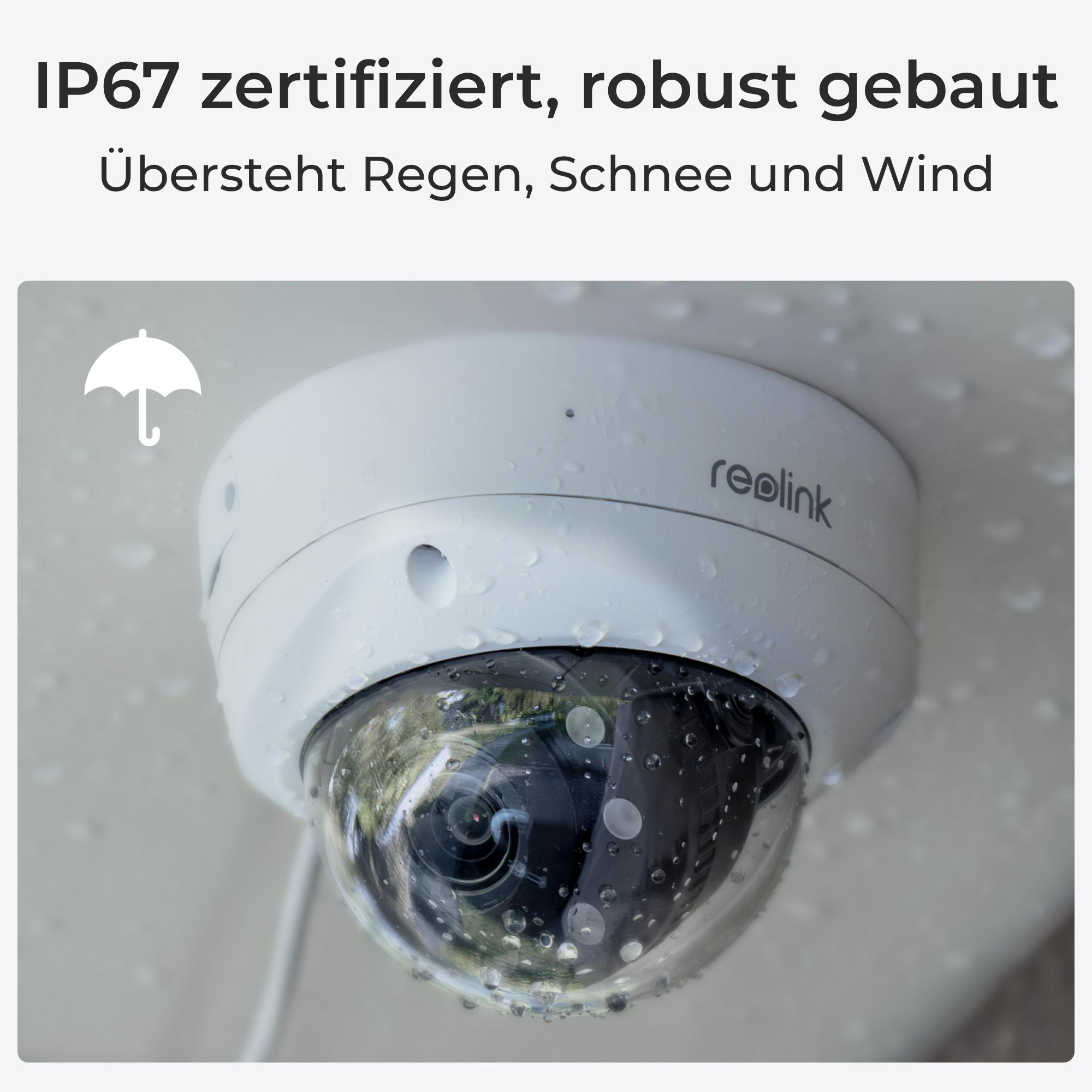 Eine weiße Überwachungskamera mit Wassertropfen. Der Text besagt, dass sie IP67-zertifiziert, robust und regenfest ist.