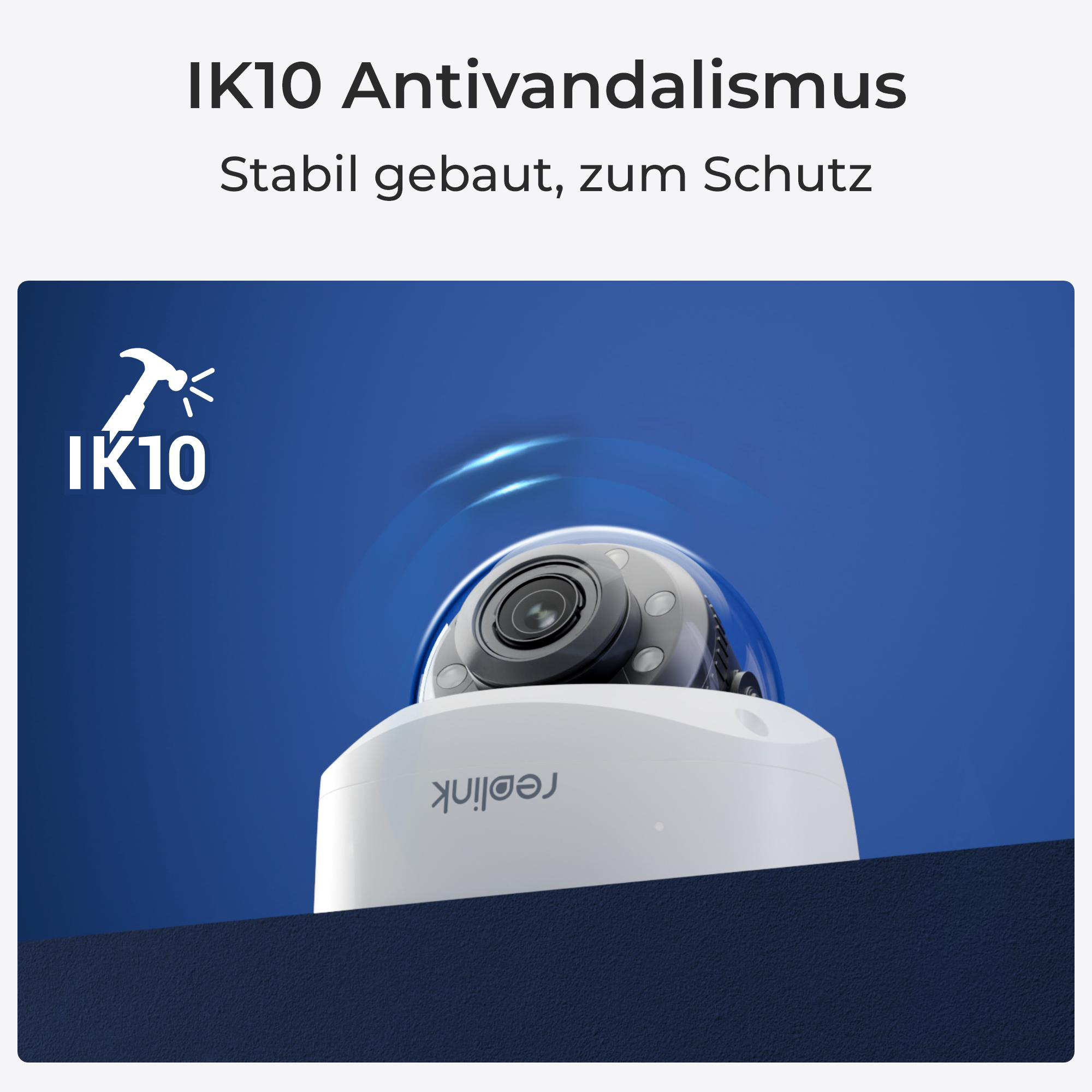 Eine weiße Überwachungskamera mit dunkelblauem Hintergrund. Ein IK10-Logo und Text sind sichtbar.