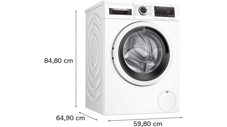 Lavadora blanca con dimensiones etiquetadas, sobre un fondo blanco.
