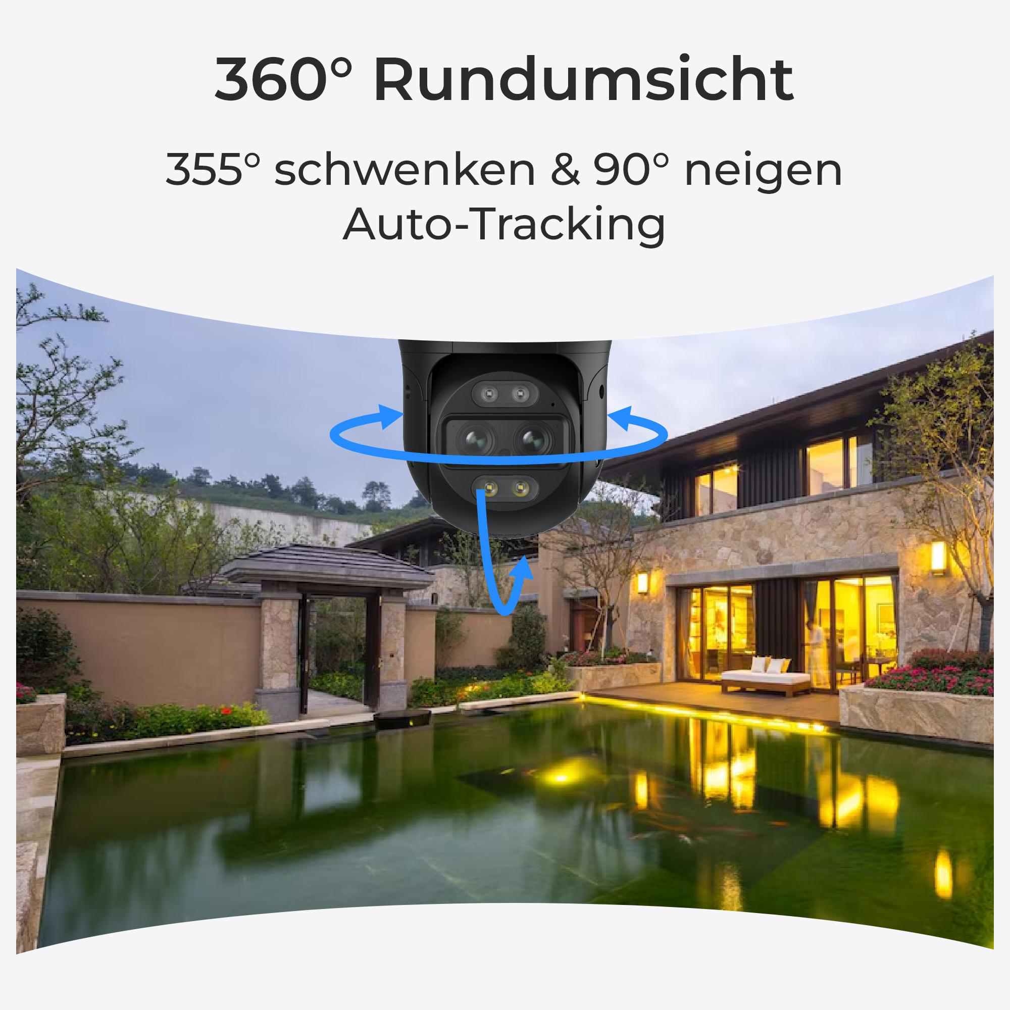 Eine Überwachungskamera mit Blick auf eine Poolszene, die 360-Grad-Funktionen zeigt.