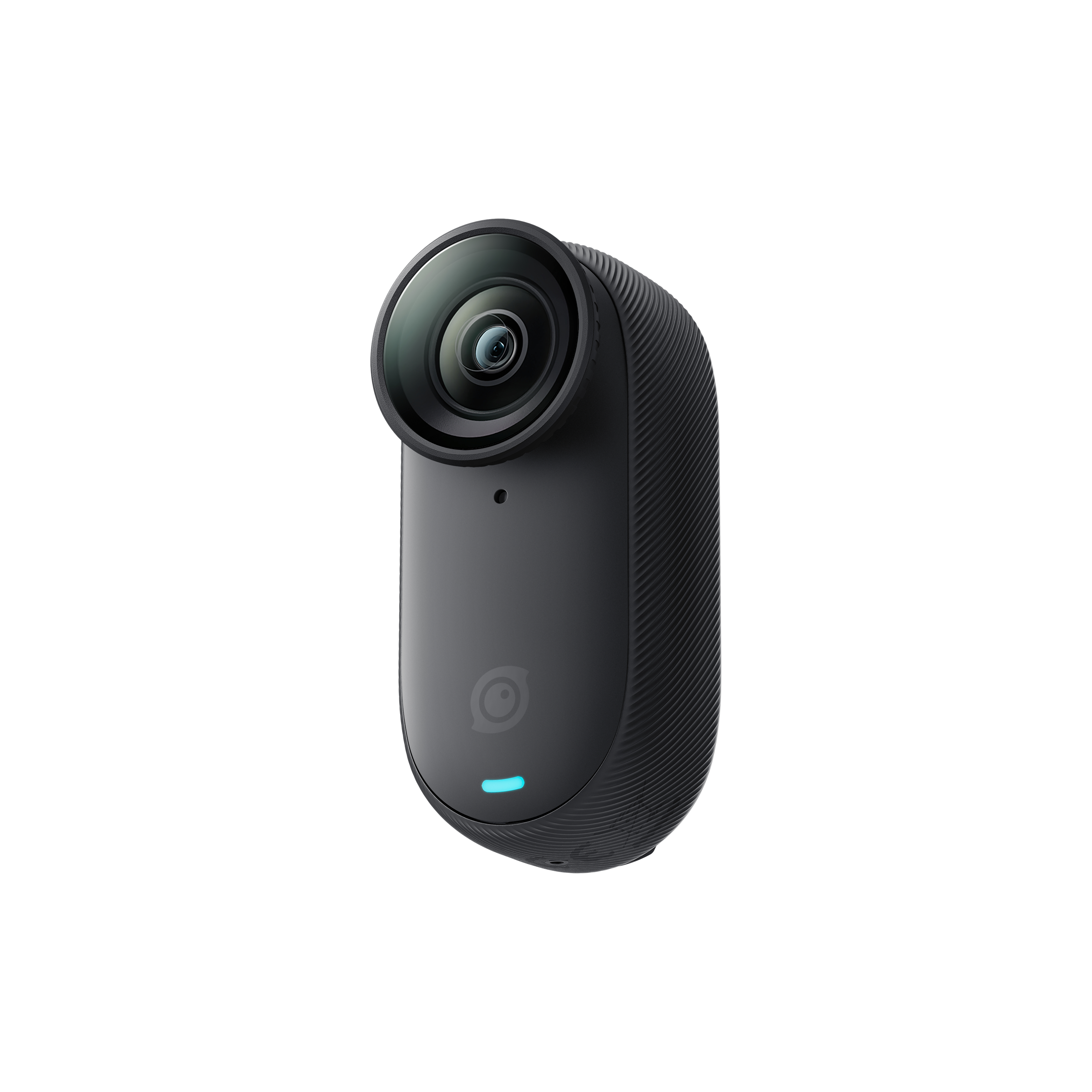 Schwarze 360°-Kamera, ovale Form, mit blauem Licht, weißer Hintergrund.