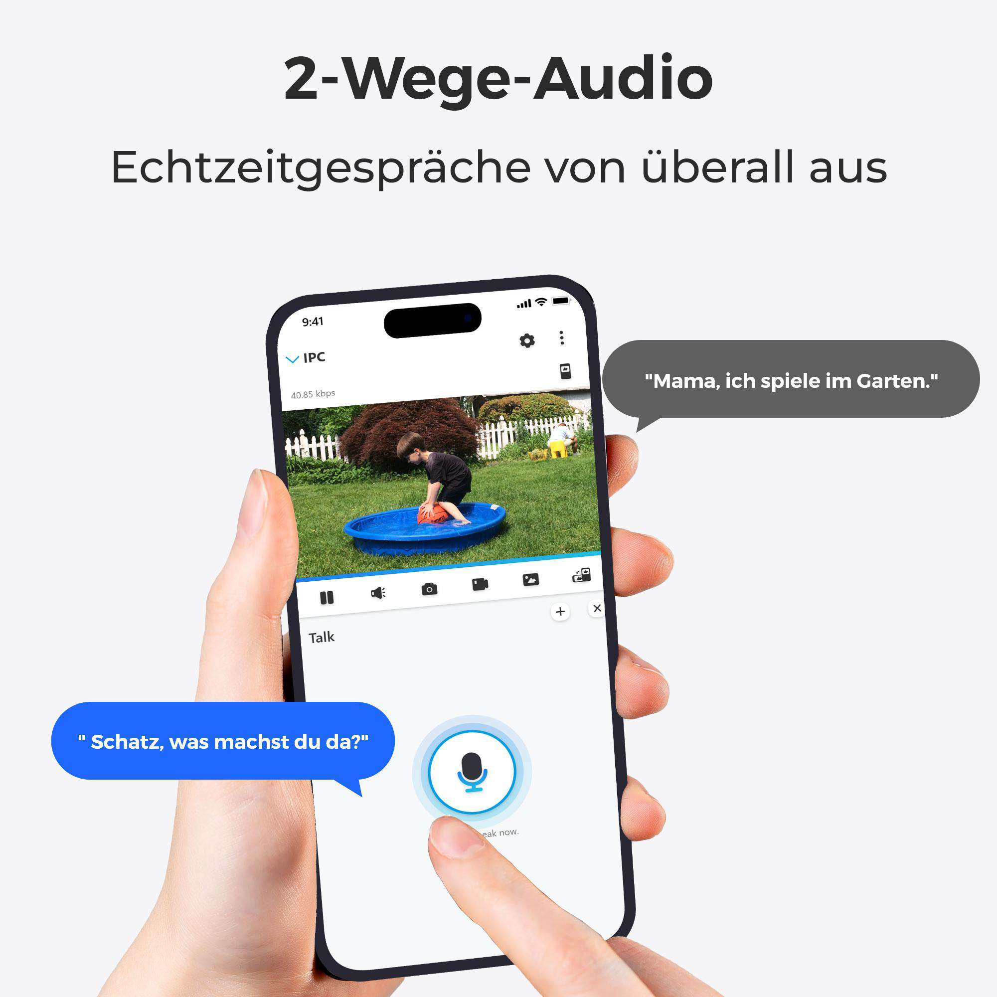 Eine Person, die ein Telefon hält, das einen Videoanruf mit einem Kind anzeigt. Sprechblasen erscheinen auf dem Bildschirm.