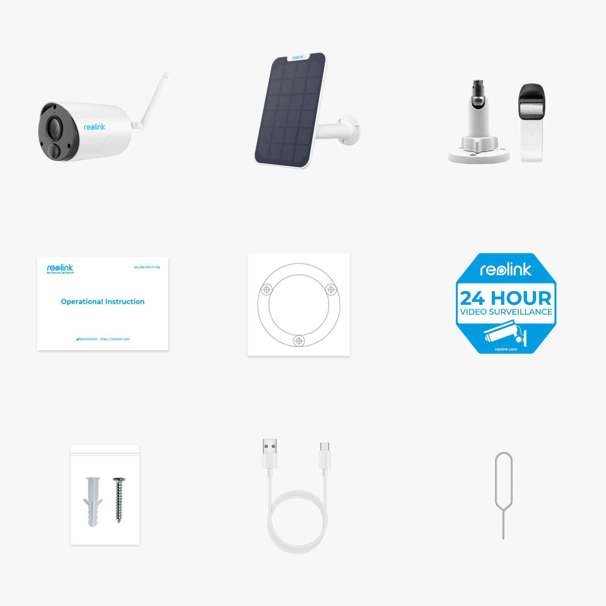 Komponenten eines Überwachungskamerasystems, einschließlich Kamera und Solarpanel.