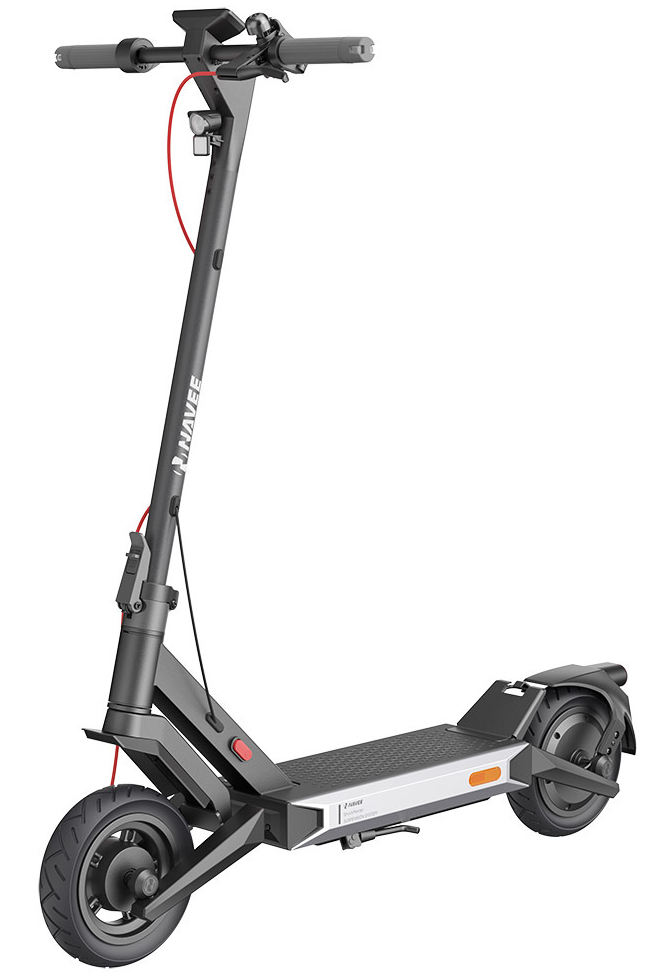 Hulajnoga elektryczna, czarno-szara, na białym tle.