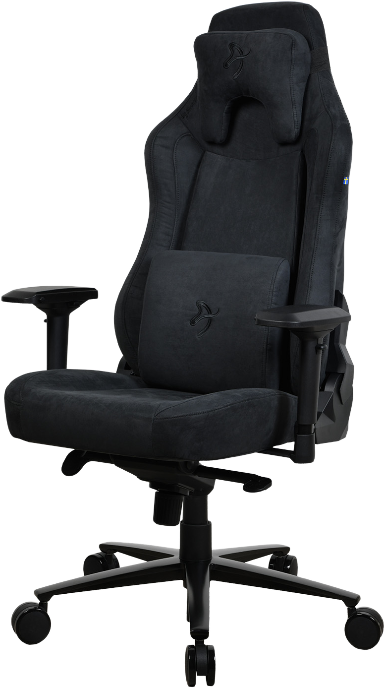Fekete gamer szék fejtámlával és derékpárnával. Fekete kartámaszok.