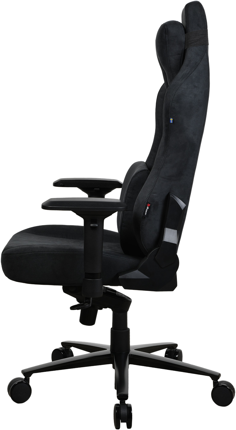 Fekete gamer szék magas háttámlával és kartámaszokkal, oldalról nézve.