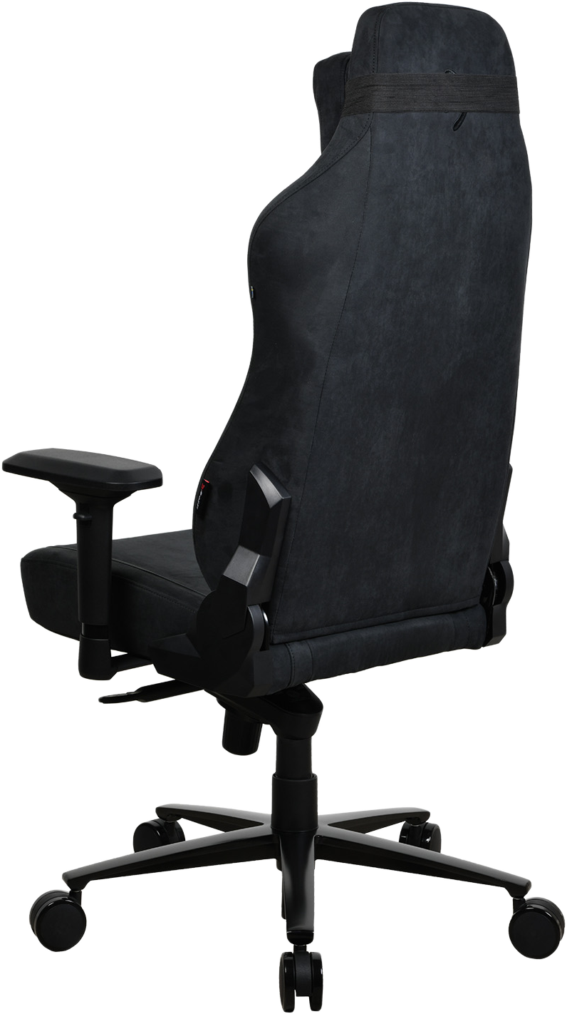 Fekete gamer szék oldalsó nézete, ívelt háttámlával és karfákkal.