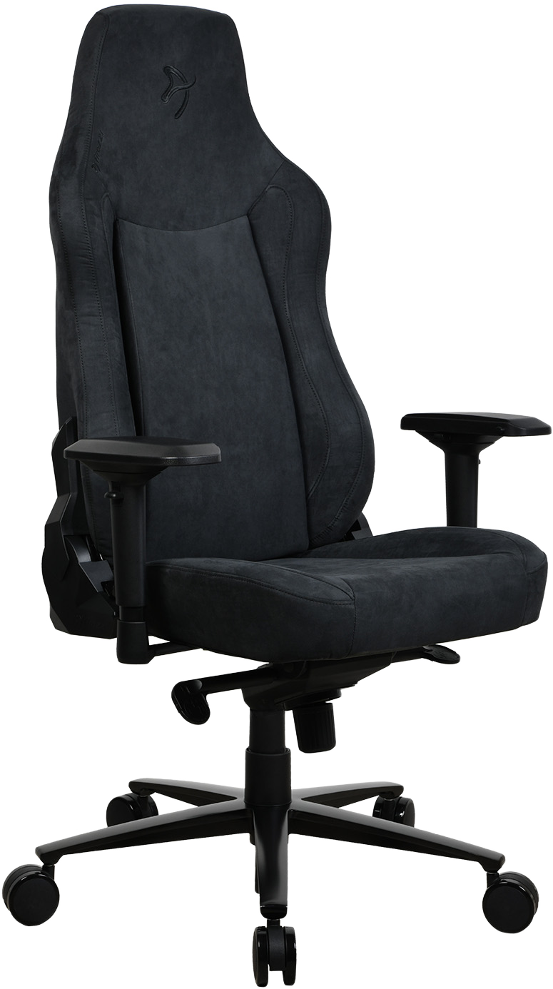 Fekete gamer szék fejtámlával és kartámaszokkal, fekete talpon.