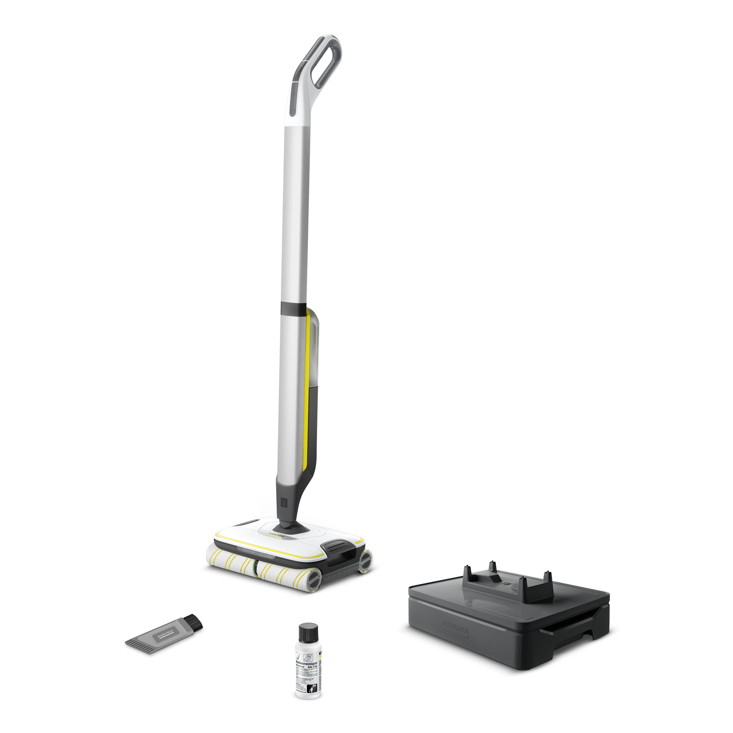 A white and yellow floor cleaning device with accessories, isolated on white.
