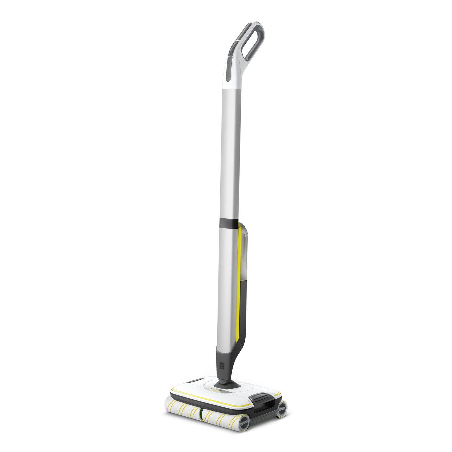 Kärcher FC 7 cordless floor cleaner. White and yellow. Standing upright on a white background.
