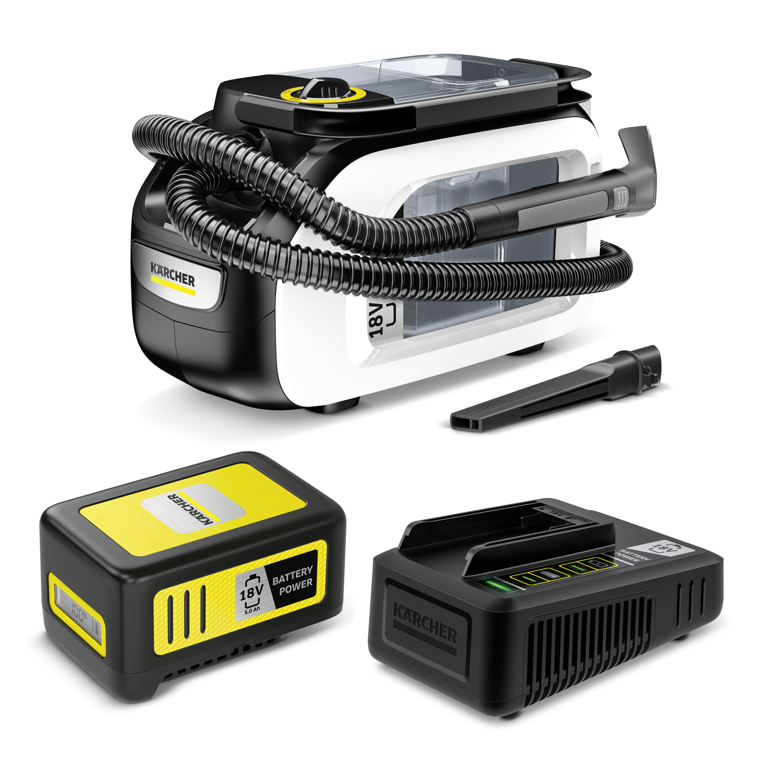 Un aspirateur Karcher, une batterie et un chargeur sont affichés sur un fond blanc.
