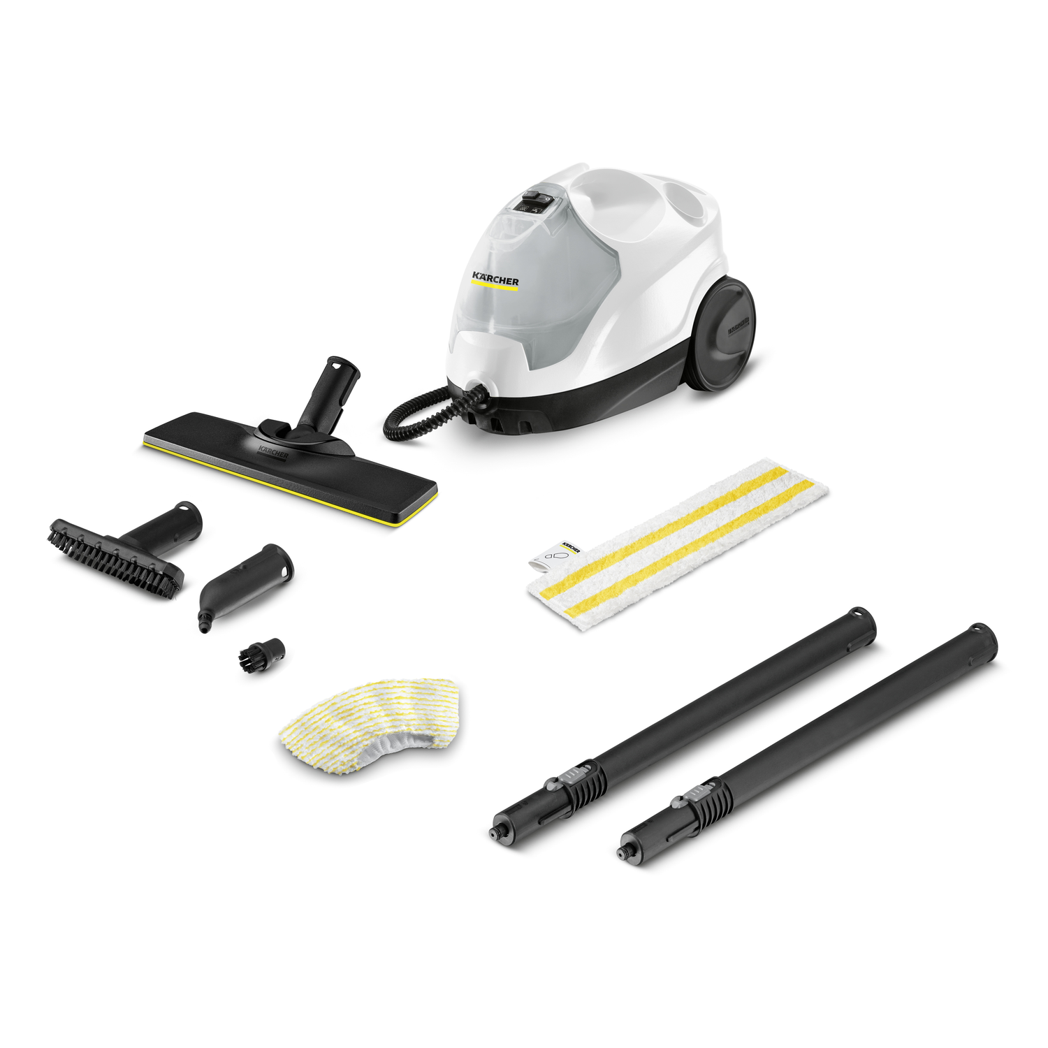 A steam cleaner with various attachments, including brushes, nozzles, and extension wands, laid out on white.