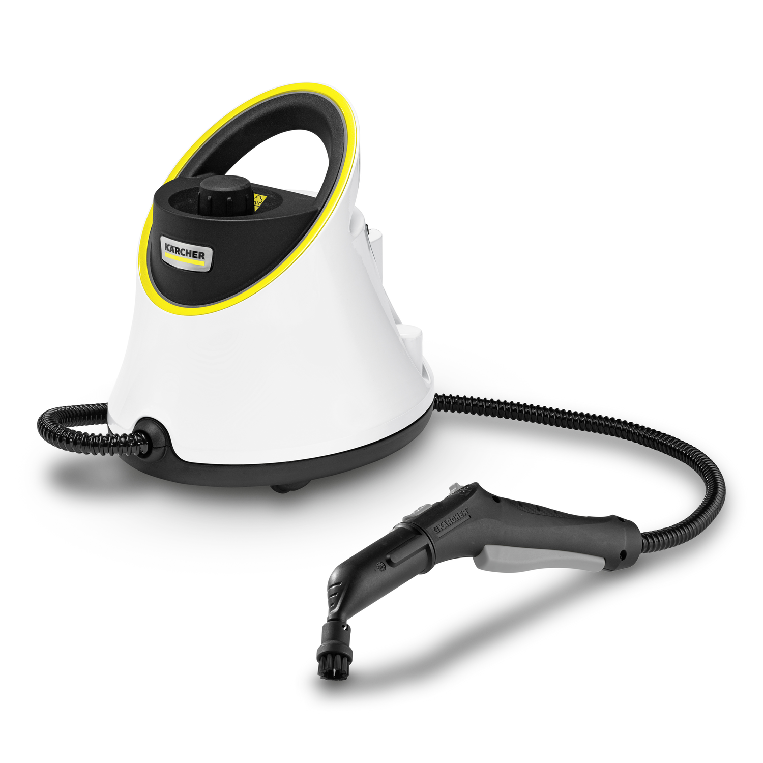A white and black steam cleaner with a yellow handle and a black hose and nozzle.
