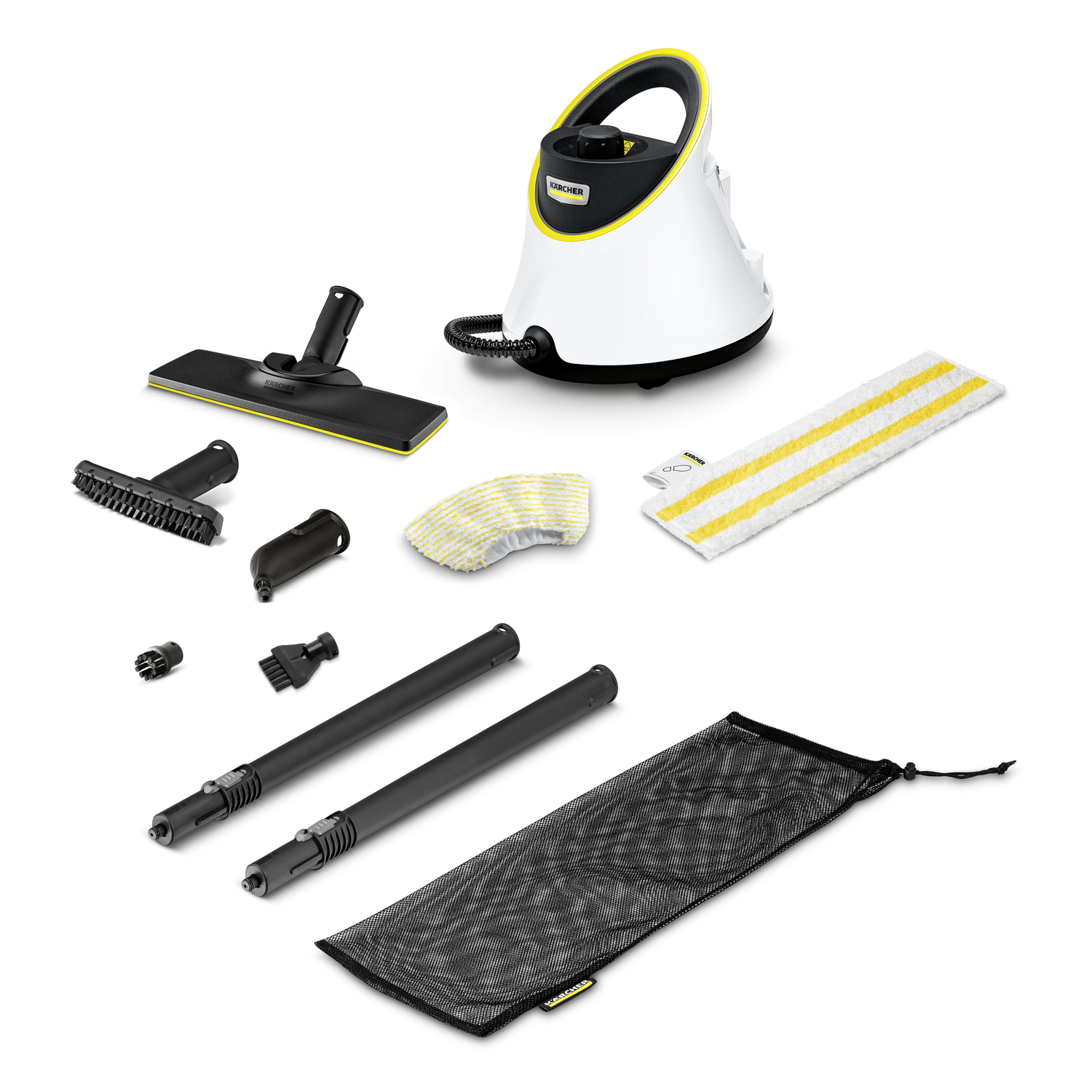 A white and yellow steam cleaner with accessories, including brushes and extension tubes, on a white surface.
