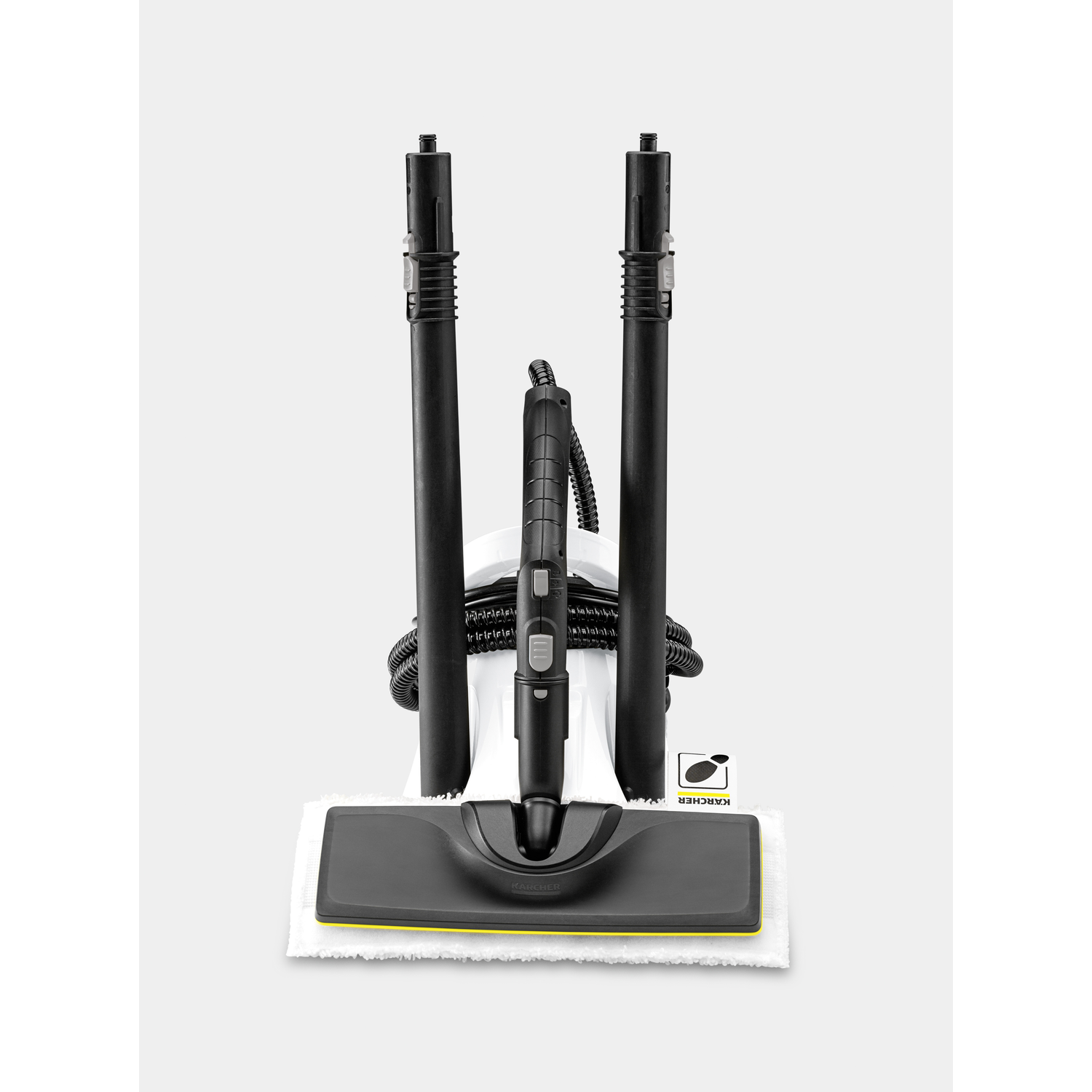 A steam cleaner with two black poles and a white cleaning head.