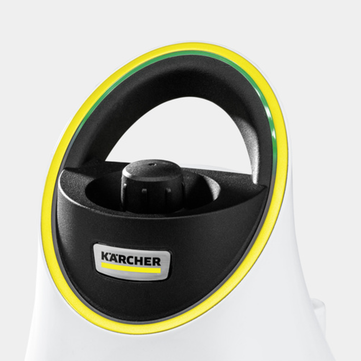 Close-up of a white and black Kärcher steam cleaner handle with yellow and green accents.