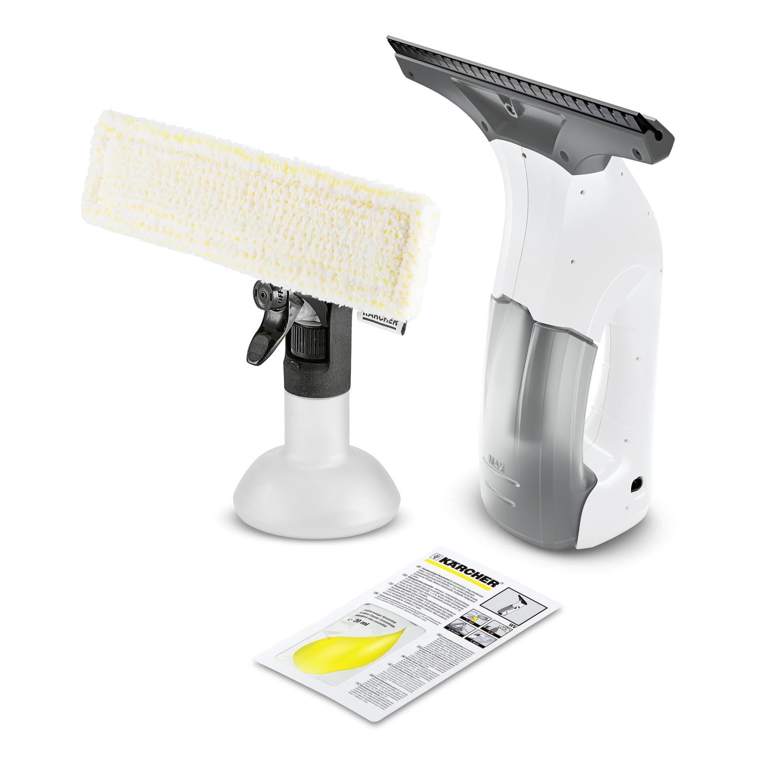 Un ensemble de nettoyage de vitres : vaporisateur avec raclette et un tampon de nettoyage.
