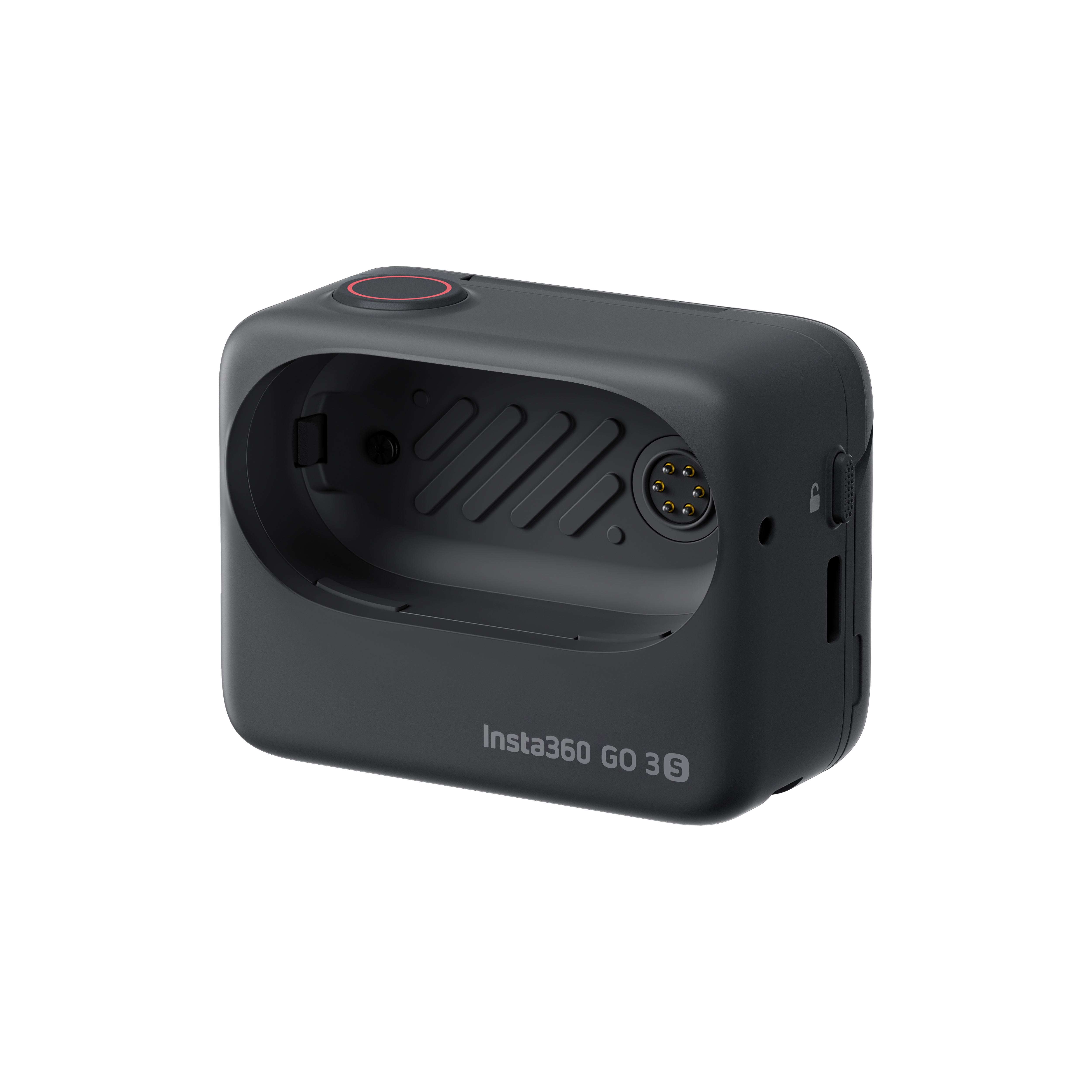 Schwarzes Insta360 GO 3 S Kamera-Ladecase mit offenem Steckplatz.