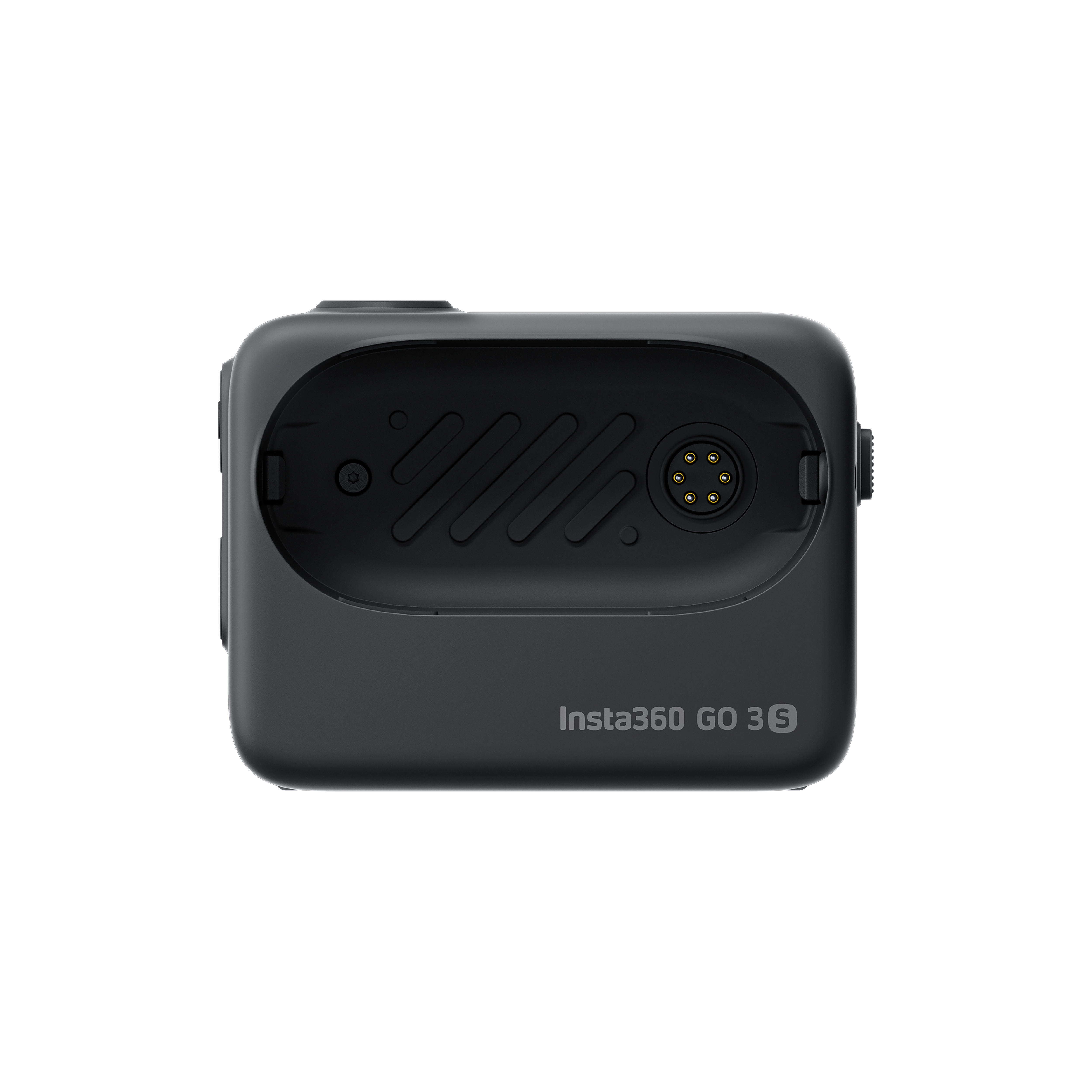 Schwarzes Insta360 GO 3S Ladecase. Mit zentralem Schlitz und dem Text Insta360 GO 3 S.