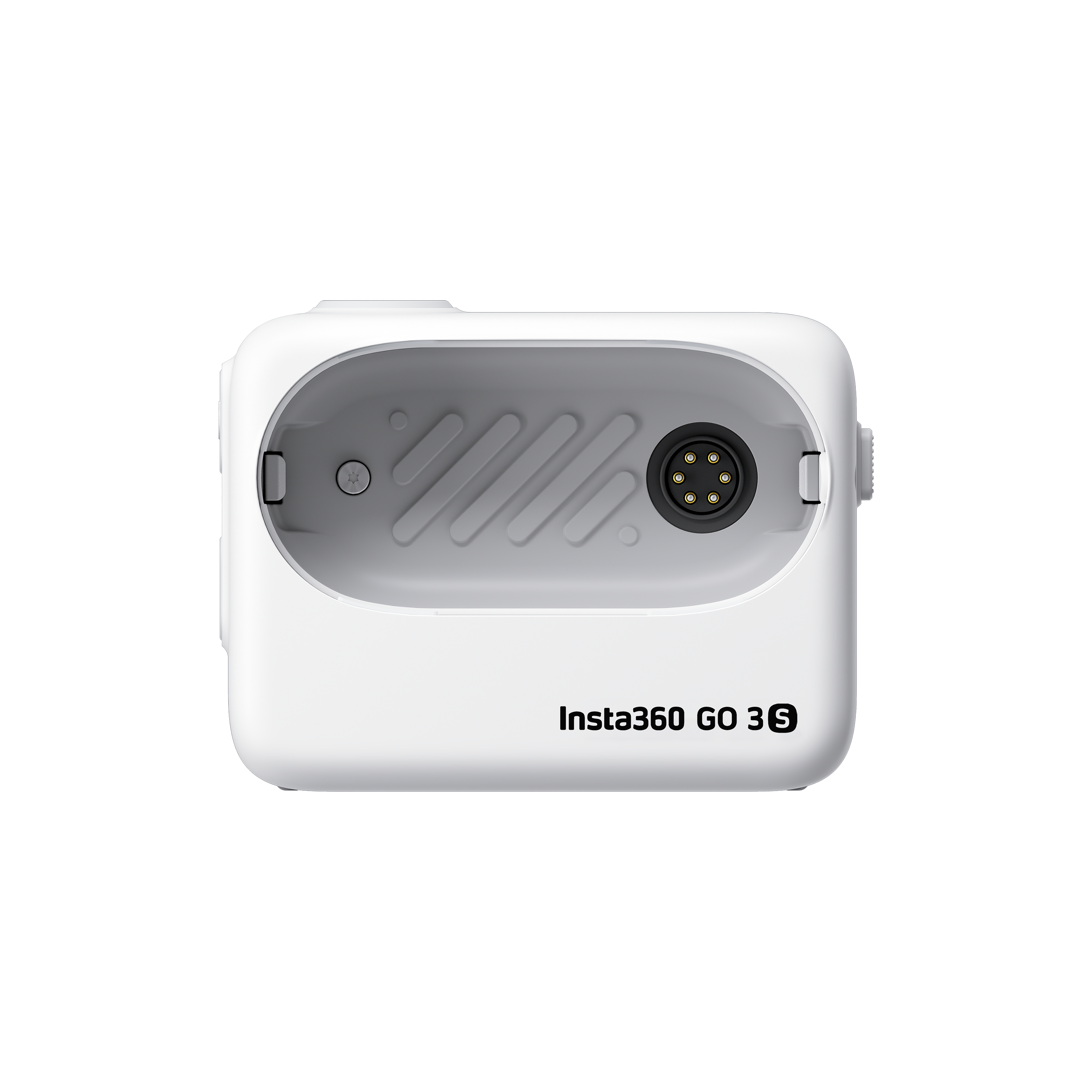 Ein weißes Insta360 GO 3S Ladecase mit schwarzem Anschluss innen. Das Logo ist sichtbar.