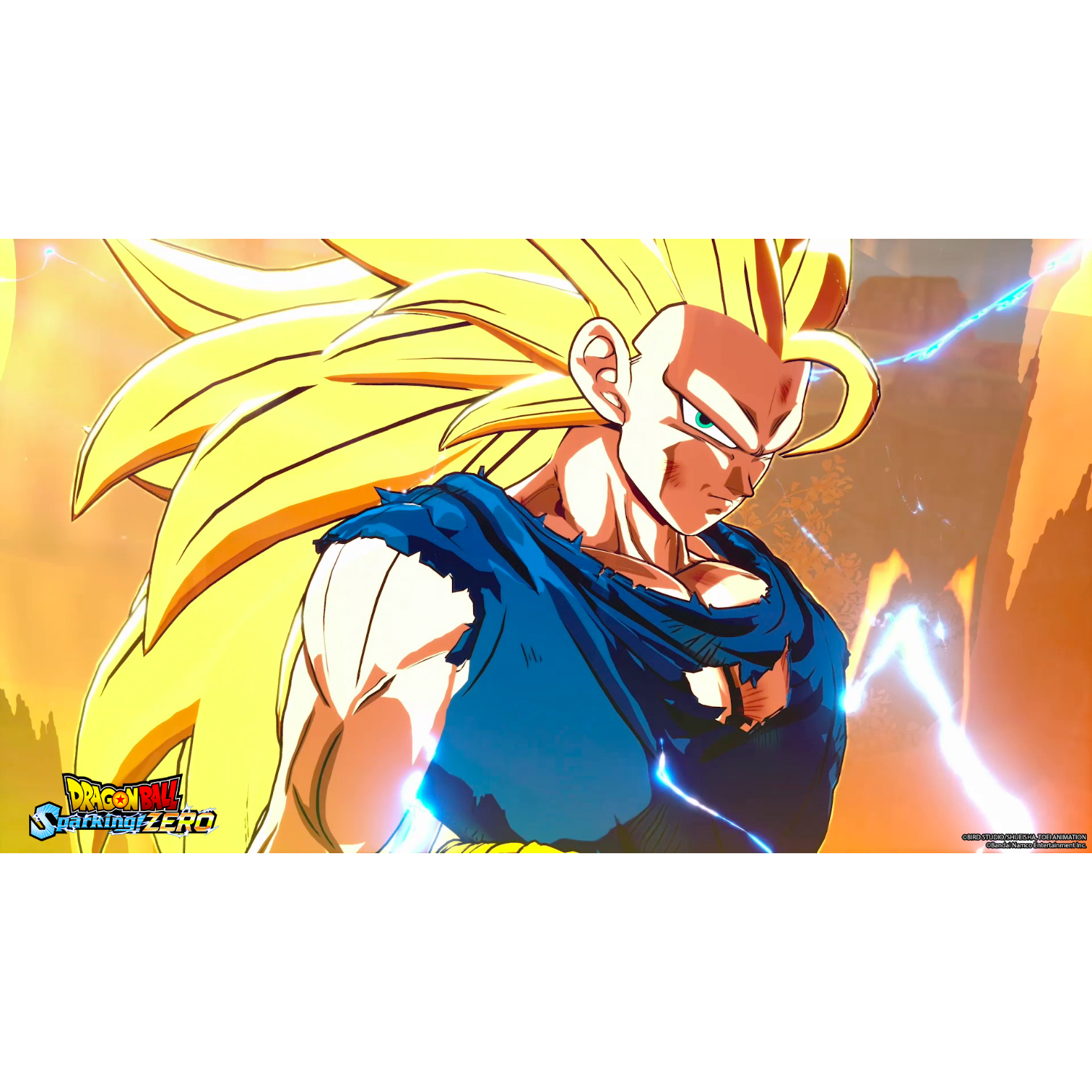Dragon Ball Z character, Goku, with blonde hair and blue outfit, in a fight scene.
