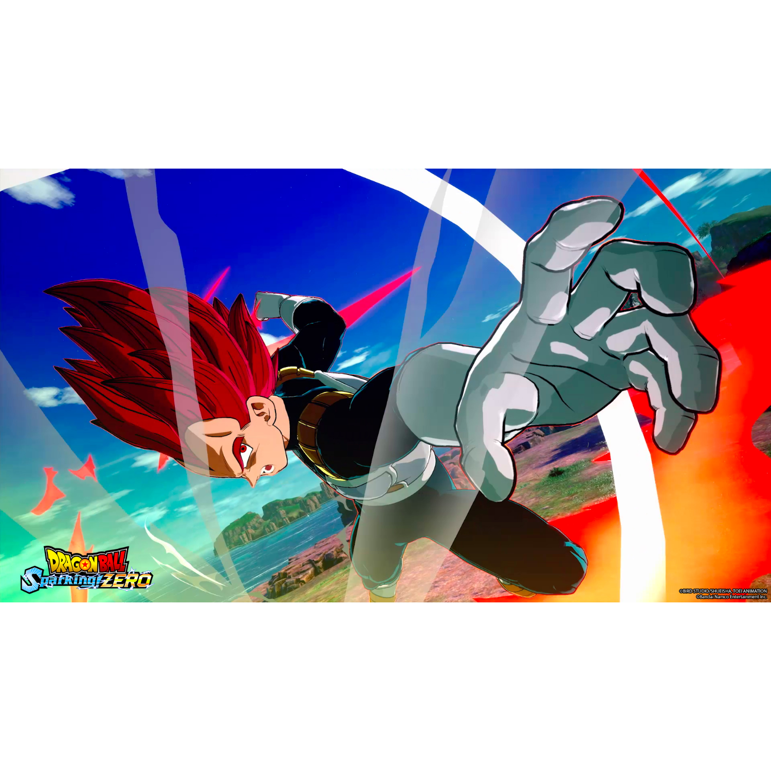 Dragon Ball game art. Red-haired character in a pose, hand extended, against a sky and energy background.