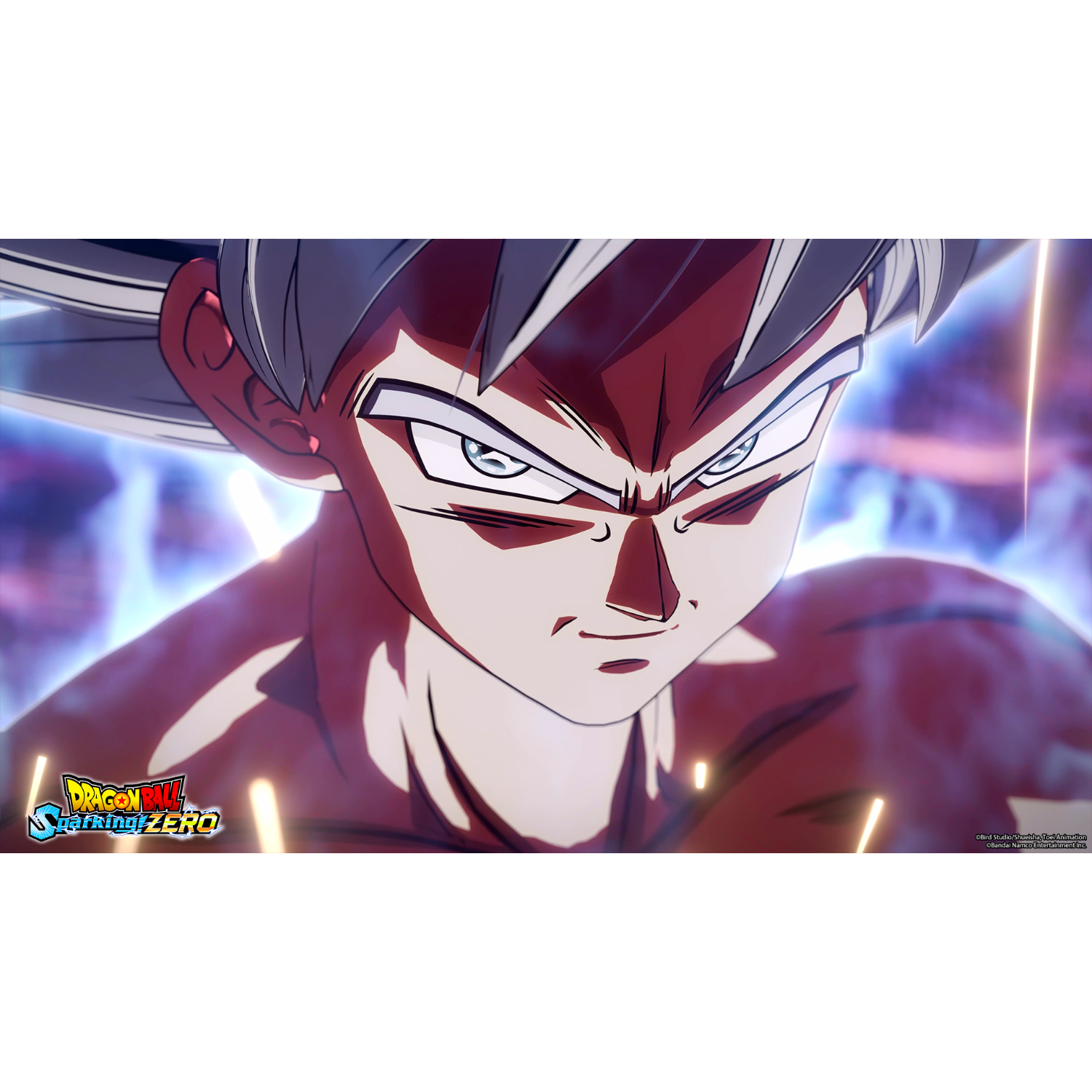 Anime character Goku, with silver hair, intense eyes, and glowing energy, from Dragon Ball.