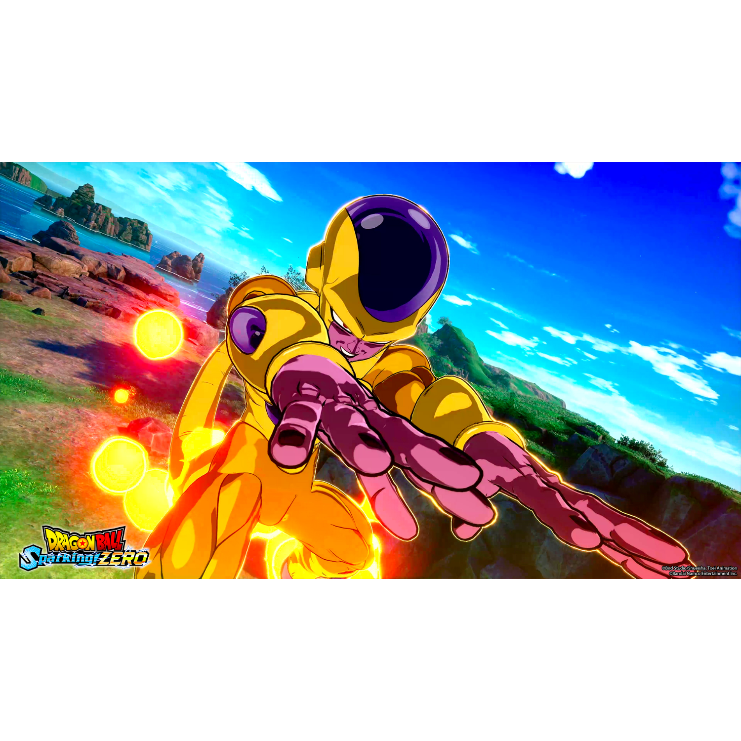 A yellow and purple character with a spiky head and outstretched arms. Blue sky background.