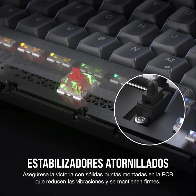Primer plano de un teclado. Se destaca un interruptor rojo. El texto describe estabilizadores atornillados.