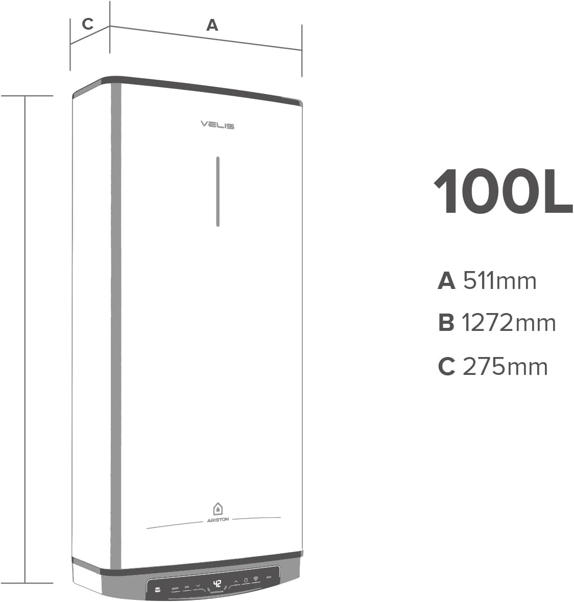 Un calentador de agua blanco con dimensiones etiquetadas. El calentador está etiquetado como Velis y Ariston. También está etiquetado 100L.