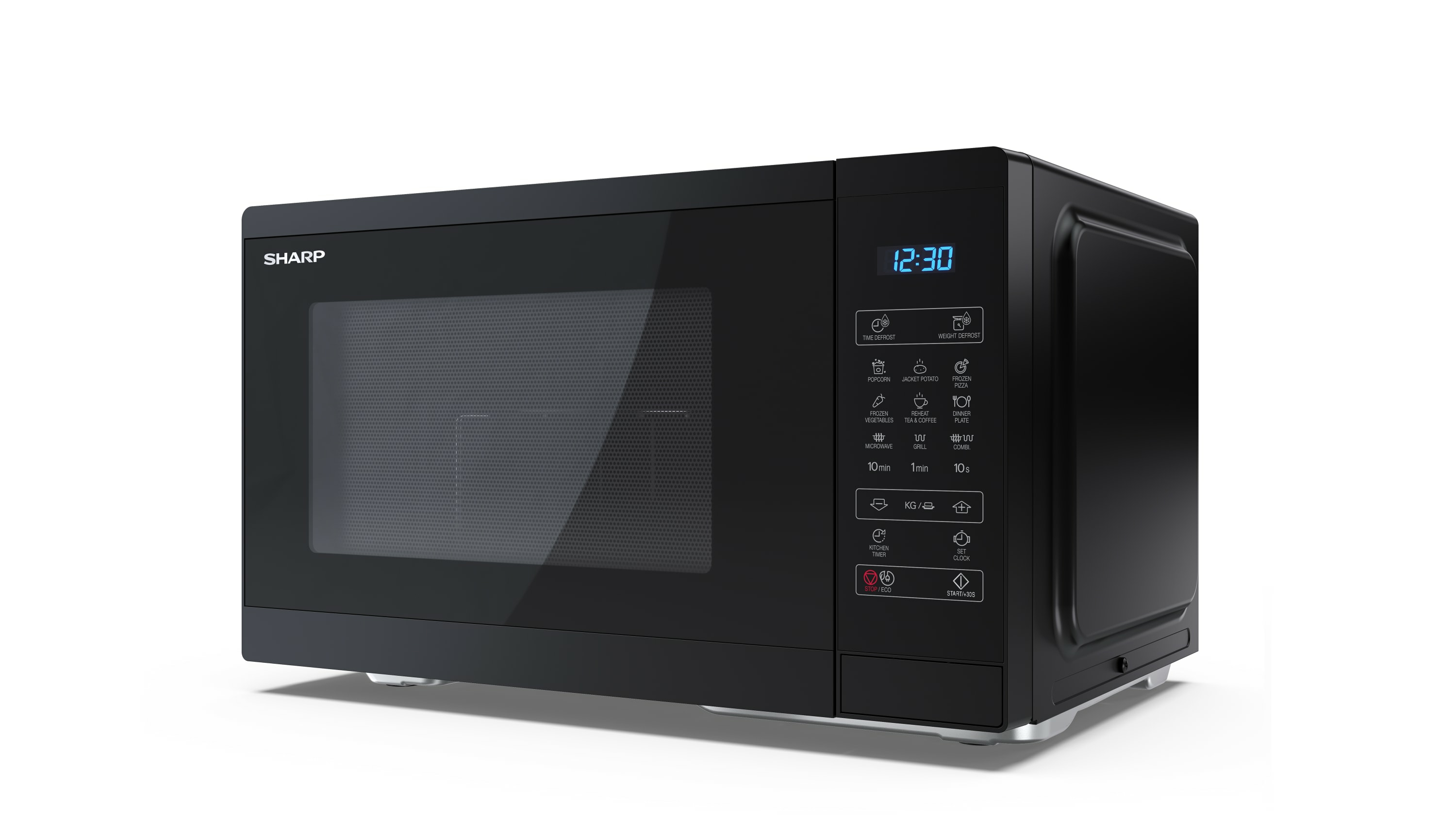 Un horno microondas negro con un reloj digital y botones de control en el lado derecho.