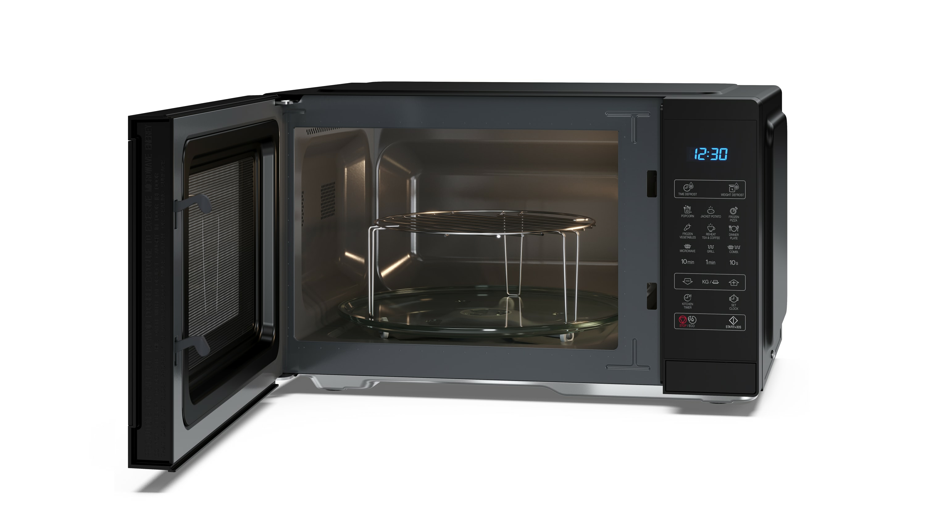 Un horno microondas negro con la puerta abierta, mostrando detalles interiores, fondo blanco.