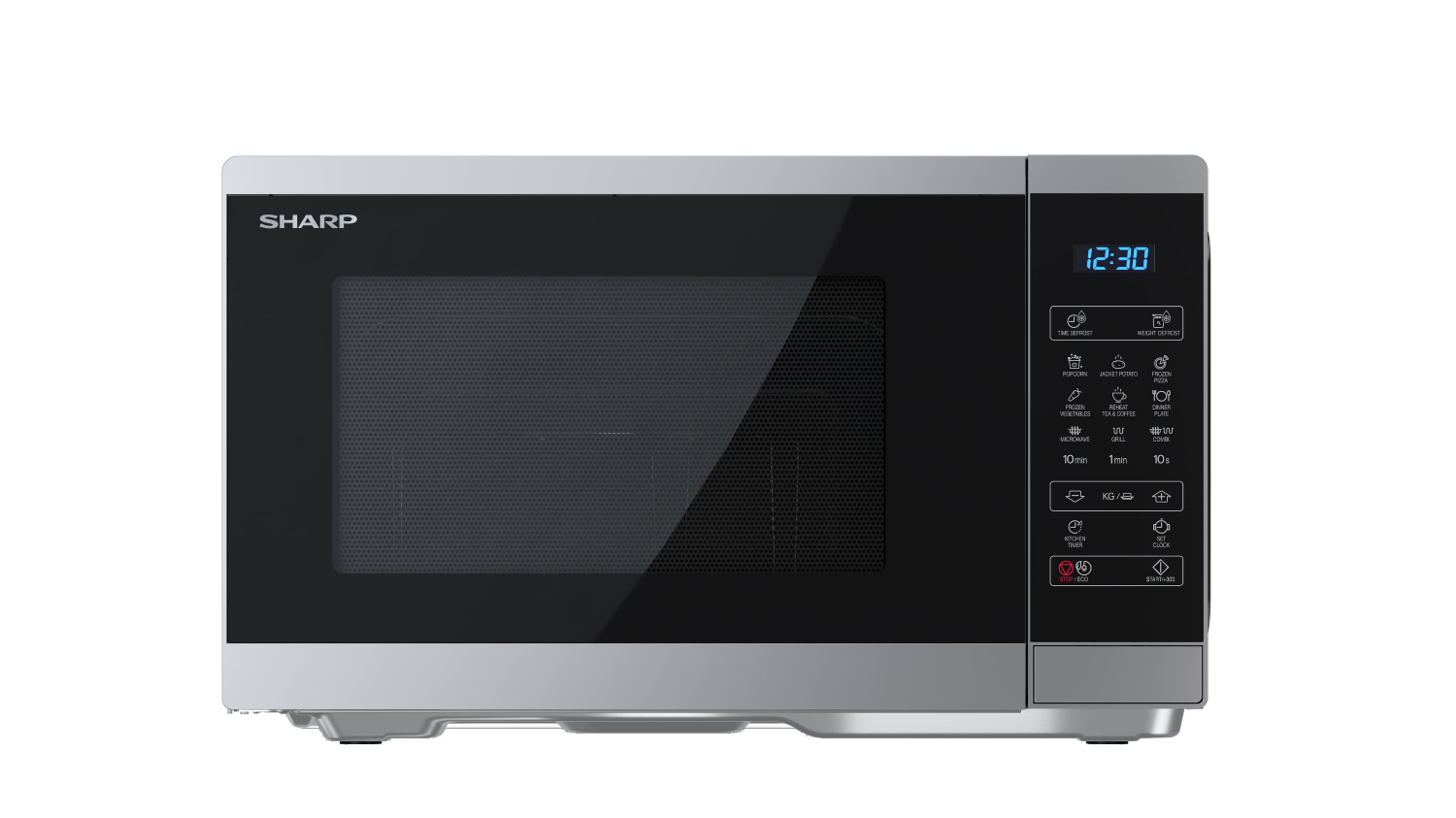 Un horno microondas Sharp plateado con puerta negra y pantalla digital mostrando la hora.