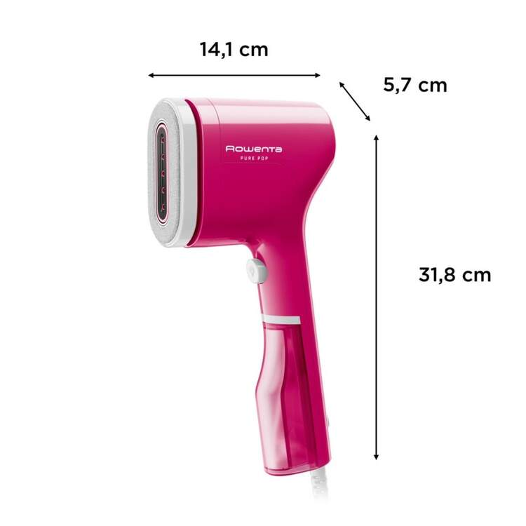 Vaporizador de mano rosa. Dimensiones 14,1 cm x 5,7 cm x 31,8 cm. Fondo blanco.