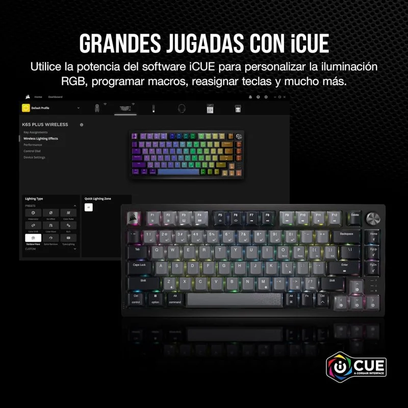 Teclado negro con pantalla mostrando software, texto sobre iCUE.