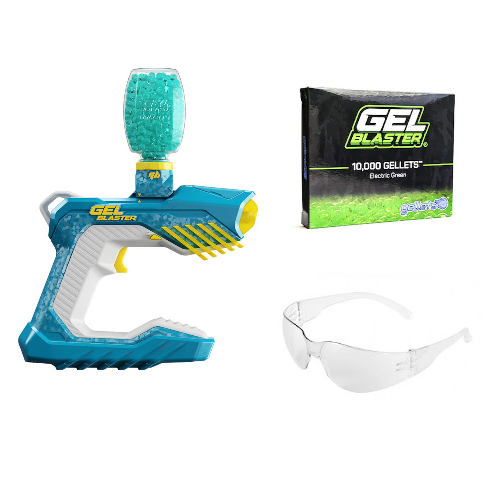 Egy gél-blaster pisztoly, egy doboz zöld gellett és átlátszó védőszemüveg.