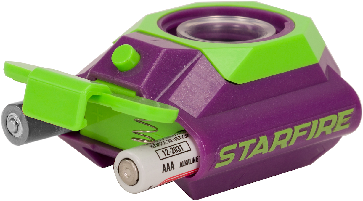 Egy lila és zöld Starfire játék elemekkel és egy nyitott rekesz az elem cseréhez.