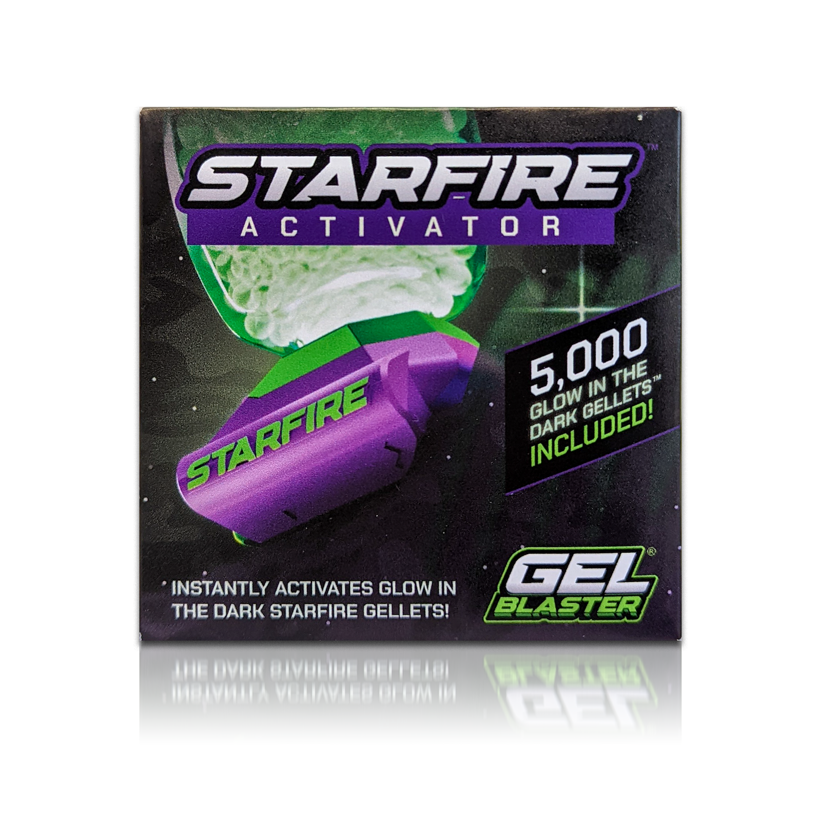 Egy Starfire Activator doboz lila-zöld játékpisztollyal.