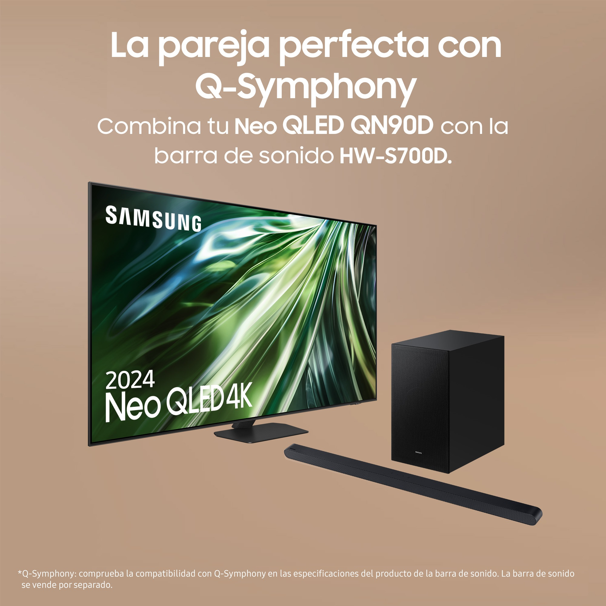 TV Samsung, barra de sonido y subwoofer con texto superpuesto en español.