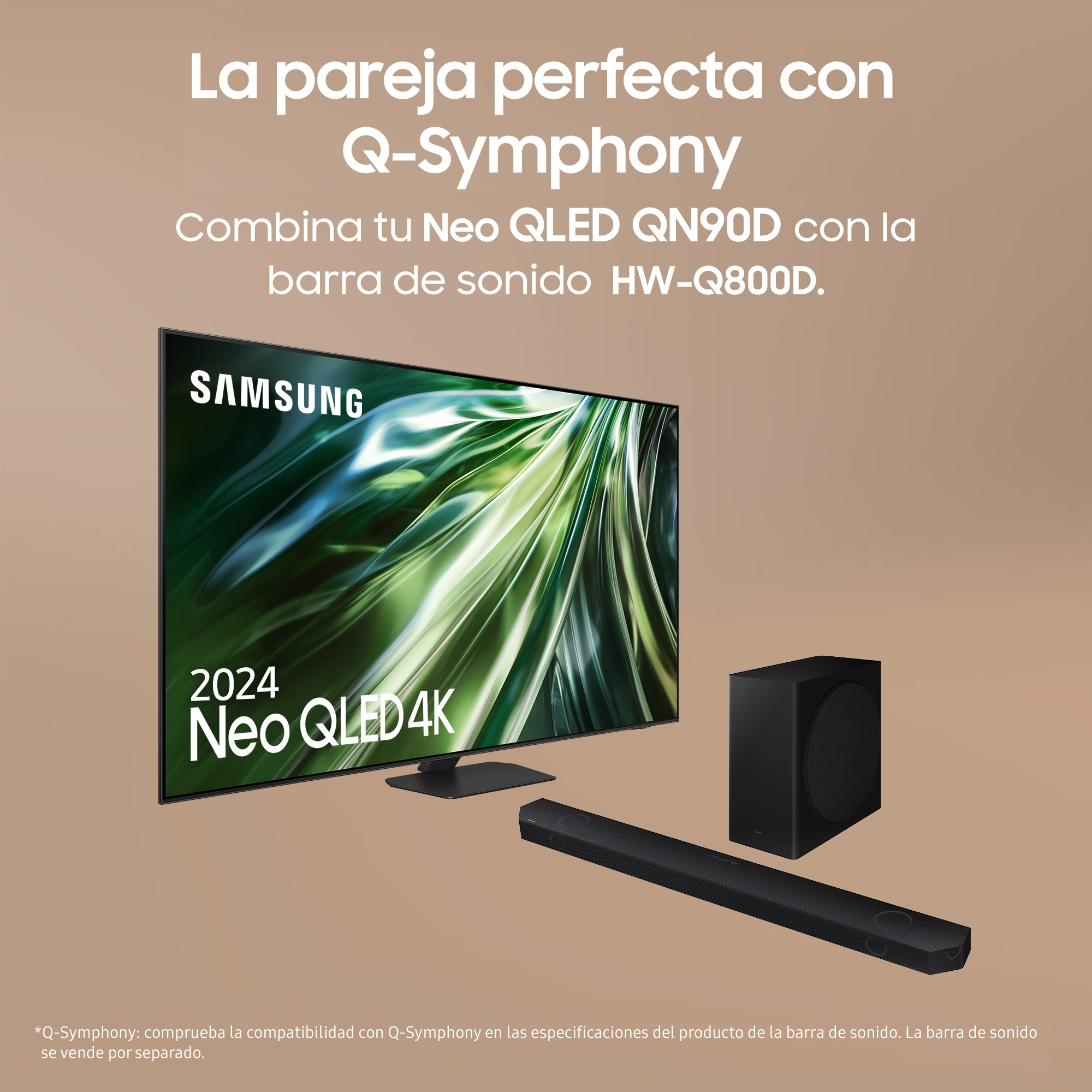 Samsung Neo QLED 4K TV con barra de sonido y subwoofer. Texto: La pareja perfecta con Q-Symphony.