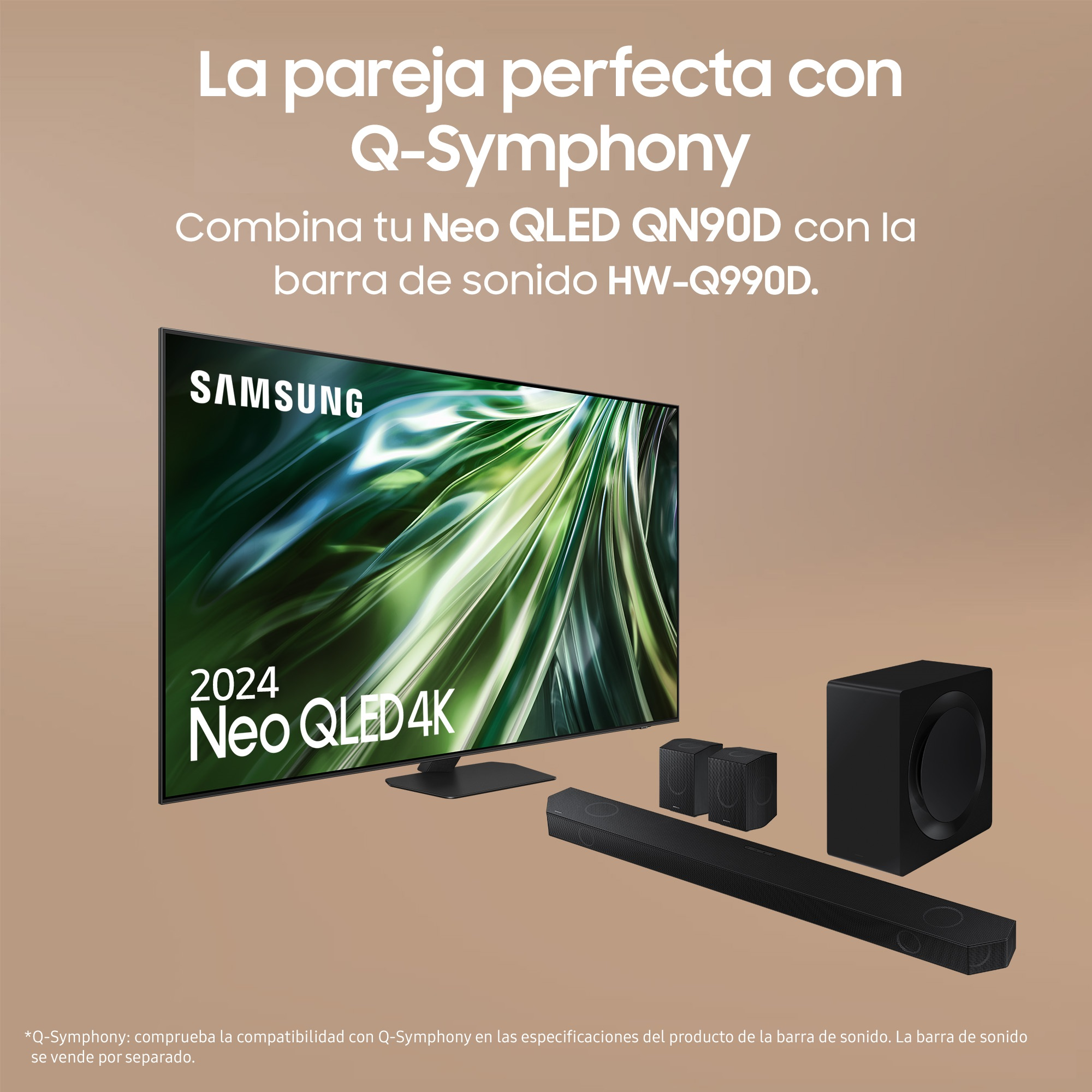 Samsung Neo QLED TV con barra de sonido y altavoces, texto: La pareja perfecta con Q-Symphony.