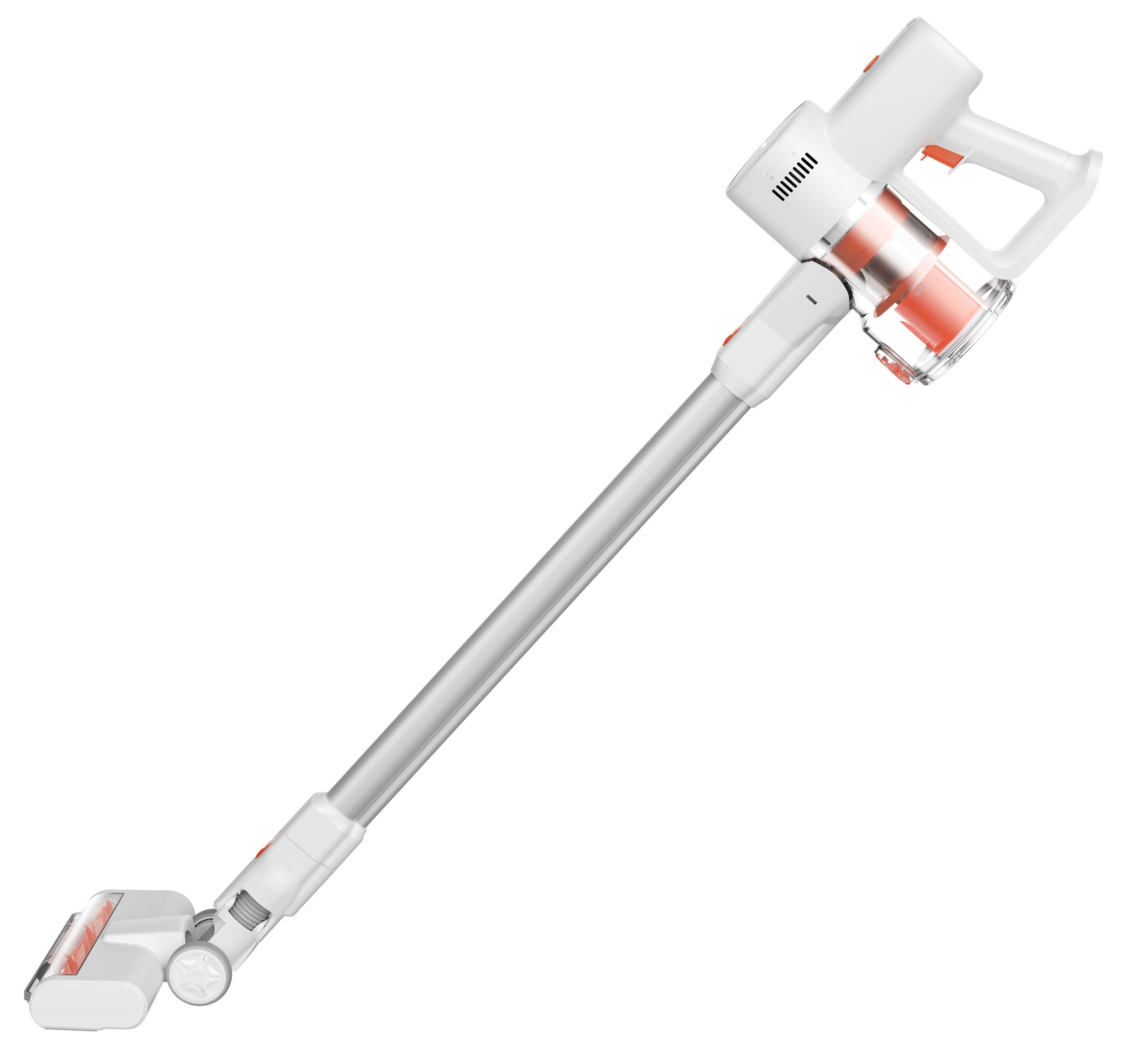 Biały i pomarańczowy odkurzacz pionowy, pod kątem, na białym tle.