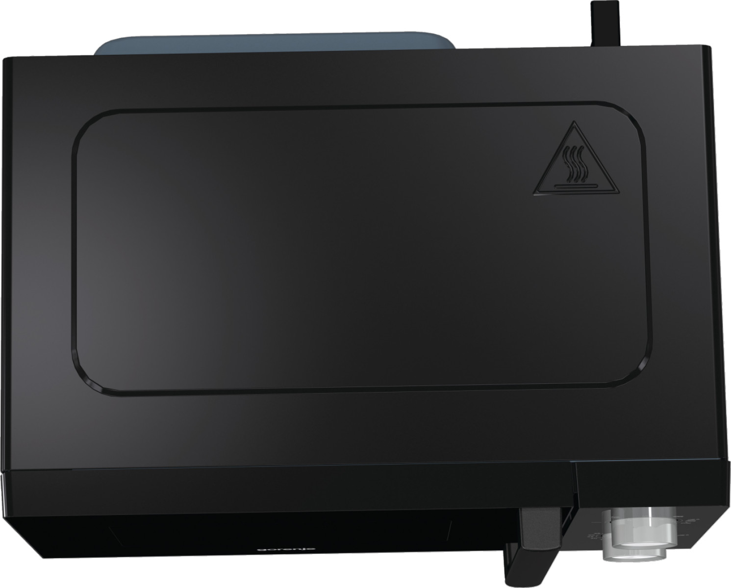 Czarna kuchenka mikrofalowa, widok z góry, z panelem sterowania i uchwytem.