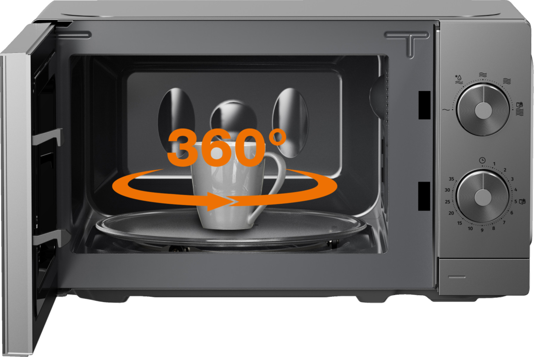 Wnętrze kuchenki mikrofalowej z filiżanką na obrotowym szklanym talerzu. Drzwi są otwarte.