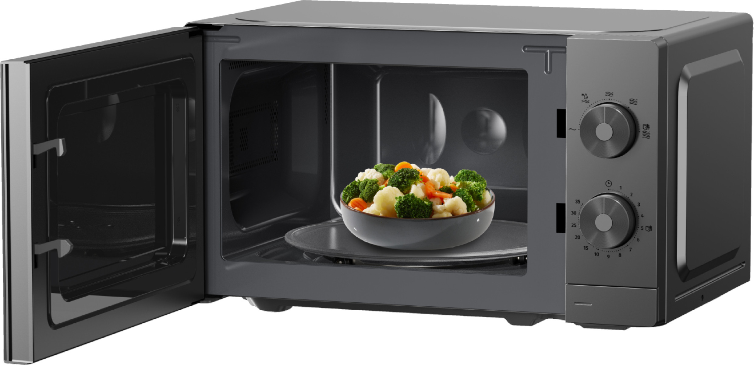 Mikrofalówka z otwartymi drzwiami, pokazująca miskę z warzywami.