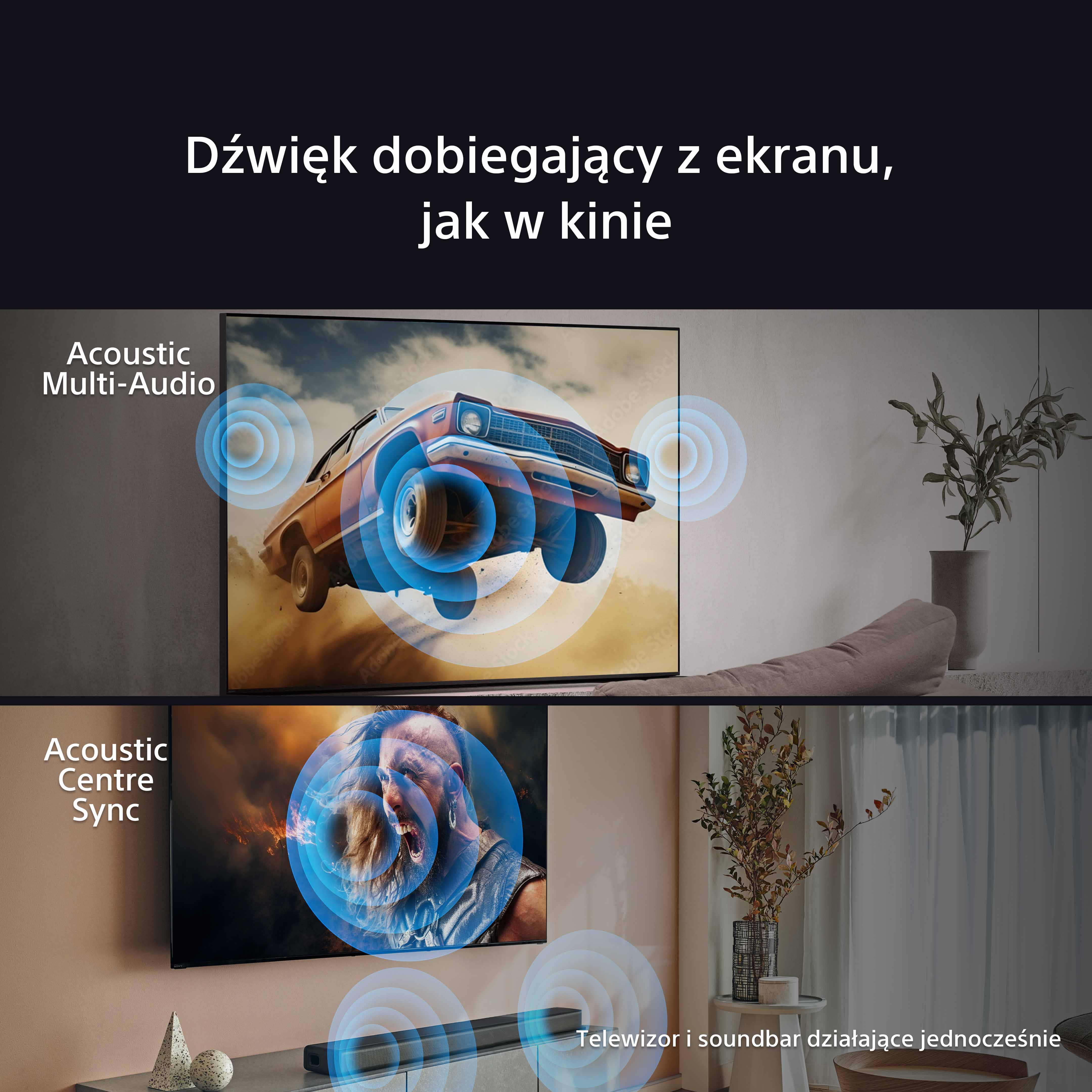 Dwa telewizory pokazujące obrazy z grafiką fal dźwiękowych. Tekst mówi: dźwięk dochodzi z ekranu, jak w kinie.