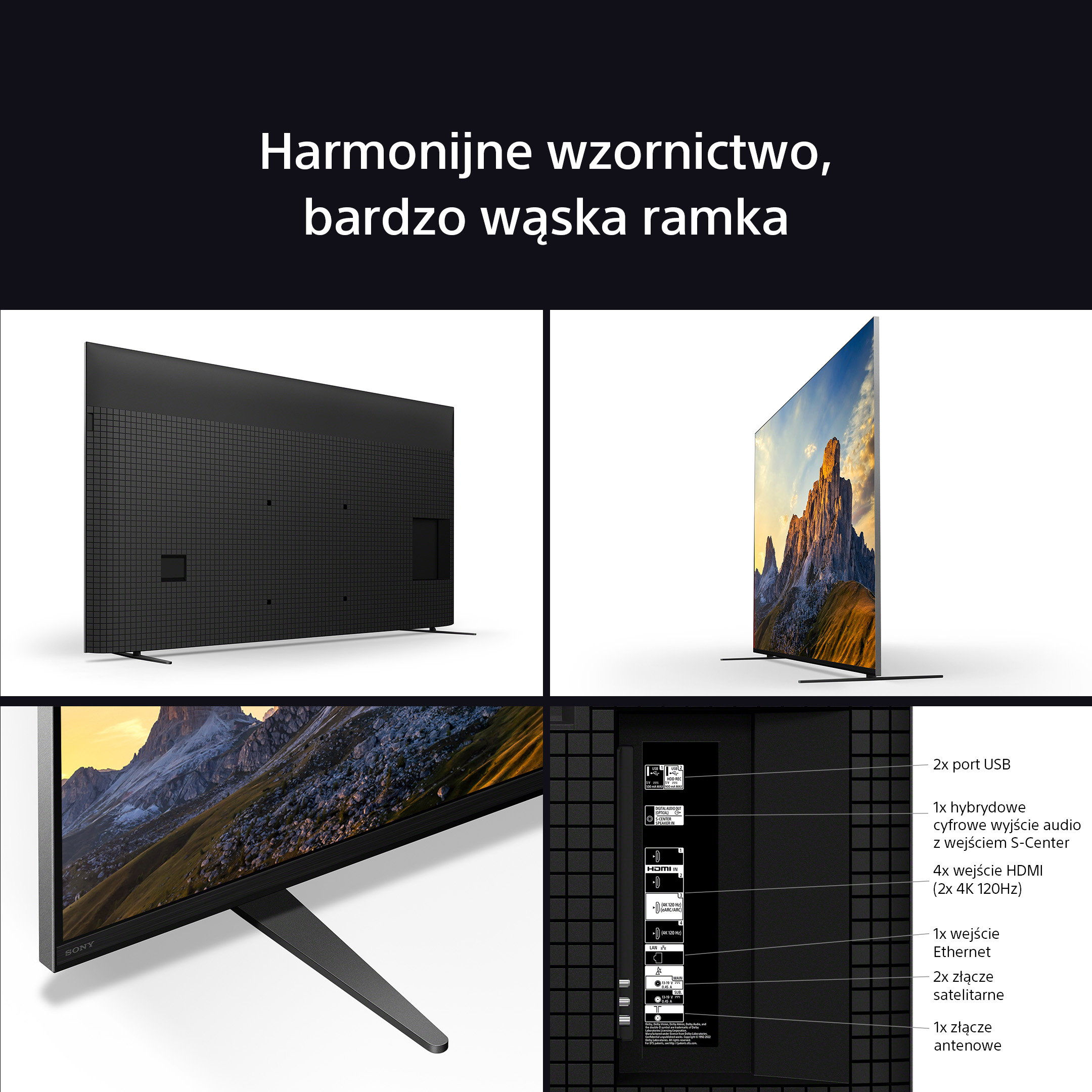 Telewizor z dużym ekranem, pokazujący wiele widoków: przód, bok i połączenia z tyłu.