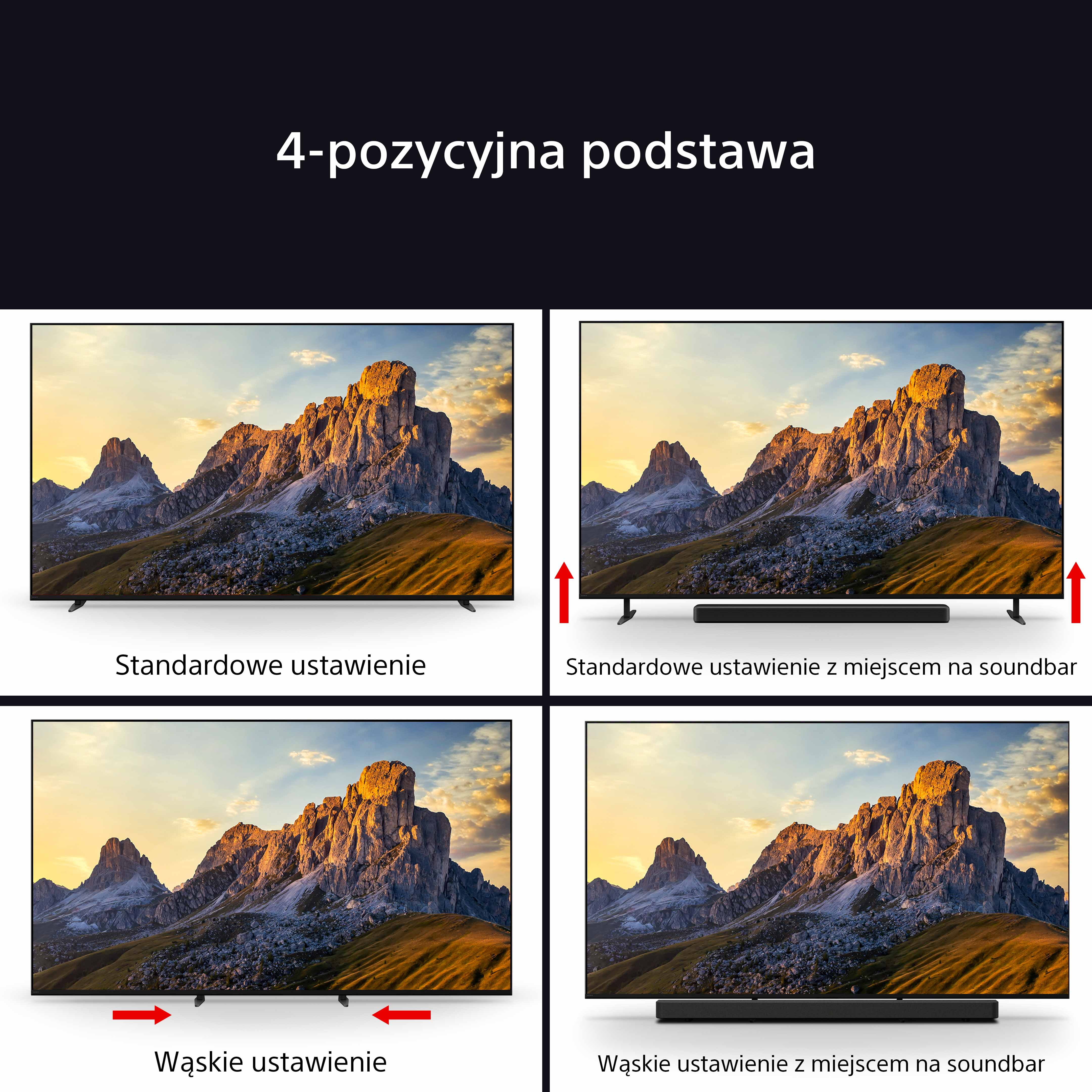 Cztery konfiguracje podstawy TV, standardowa i wąska z lub bez soundbara.